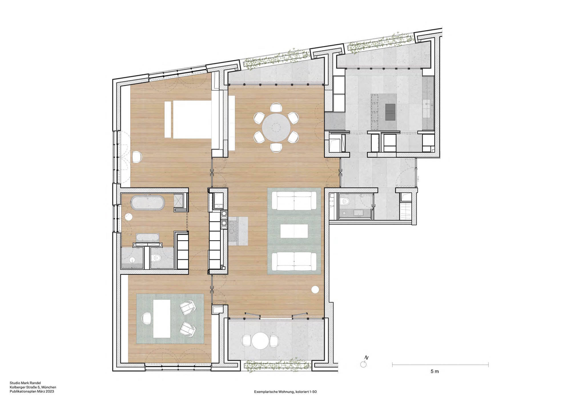 Floor plan drawing showing residential layout with dining area, living spaces, and bathroom zones
