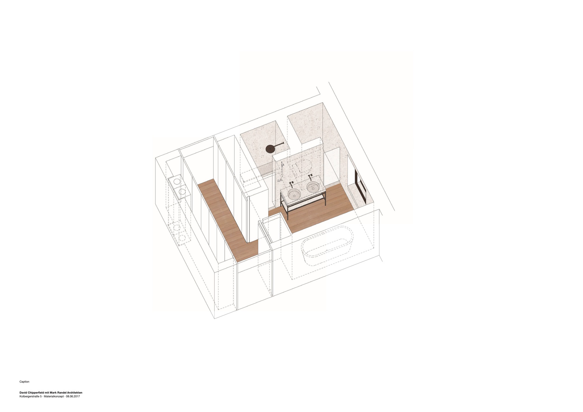 Axonometric drawing revealing bedroom with freestanding bathtub and wooden flooring in central volume