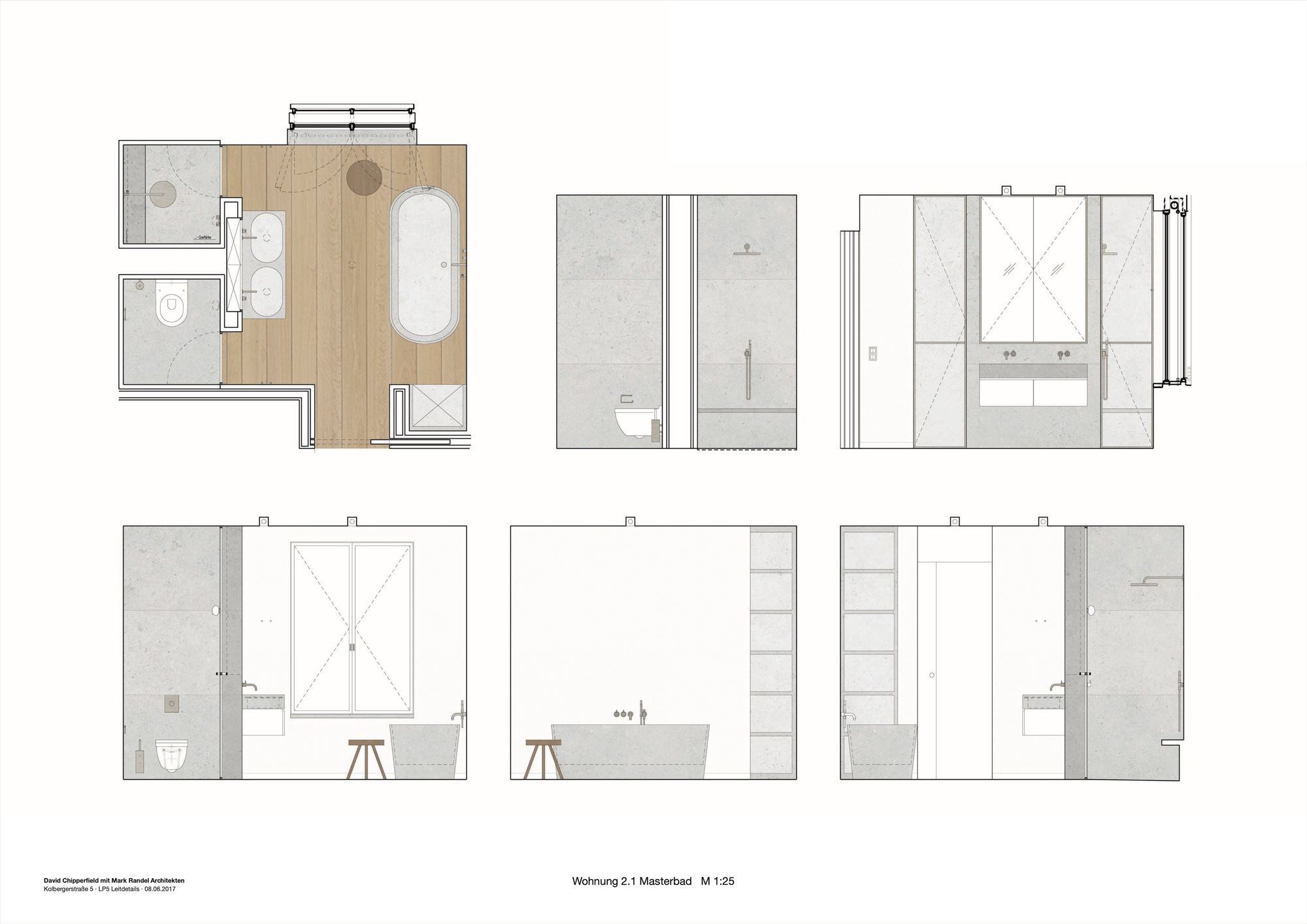 Plan and elevation drawings of bathroom with freestanding tub, toilet, and tiled surfaces