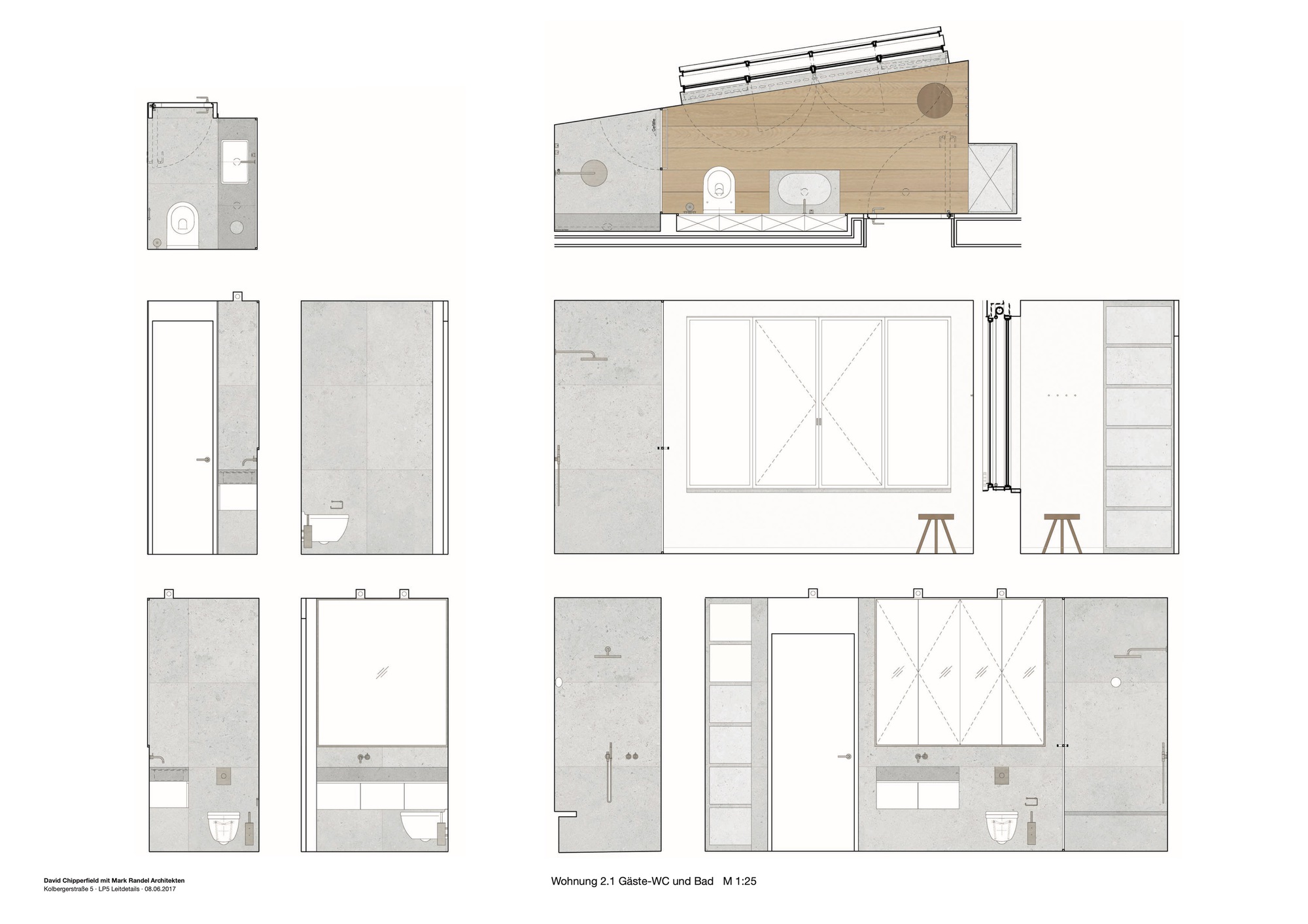 Section and elevation drawings showing bathroom layout with bathtub, storage, and wall-mounted fixtures