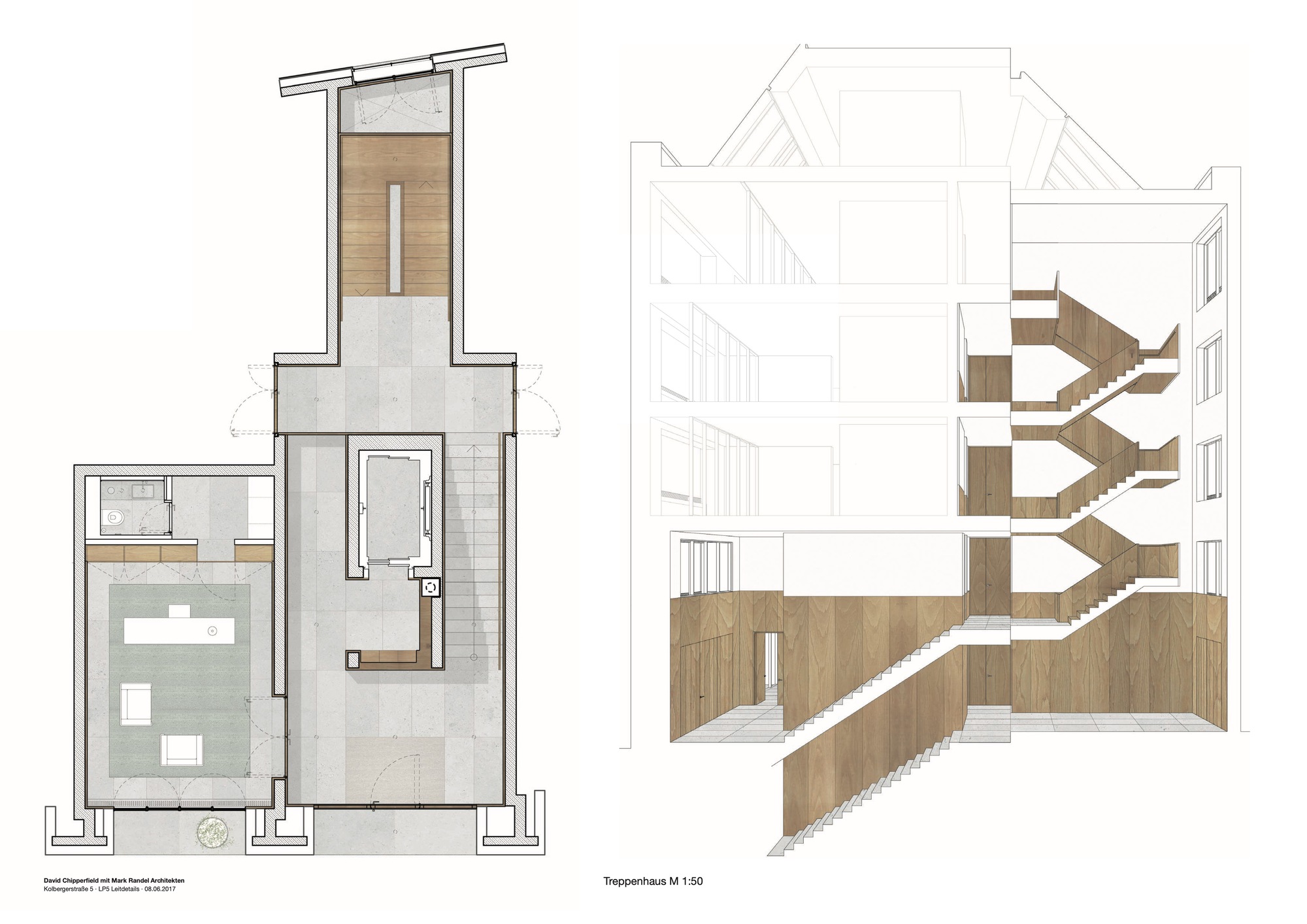 Section and axonometric drawings of staircase system connecting multiple levels with timber treads