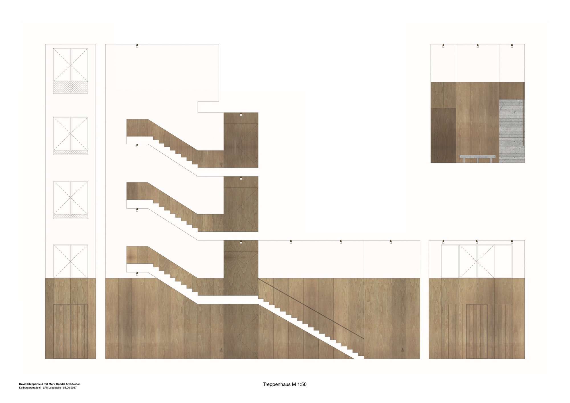 Section drawing showing continuous timber staircase traversing four levels of interior space