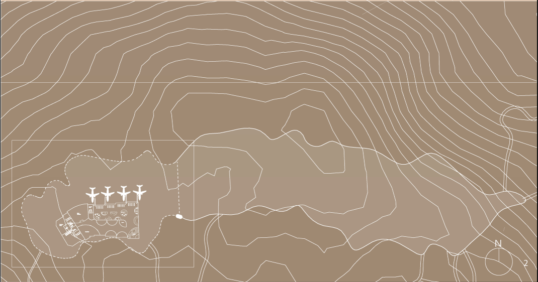 Site plan embedded within the island’s topography, highlighting minimal intervention and contextual integration.