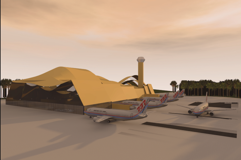Exterior perspective of the terminal, emphasizing the wave-like form and integration with the tropical landscape.