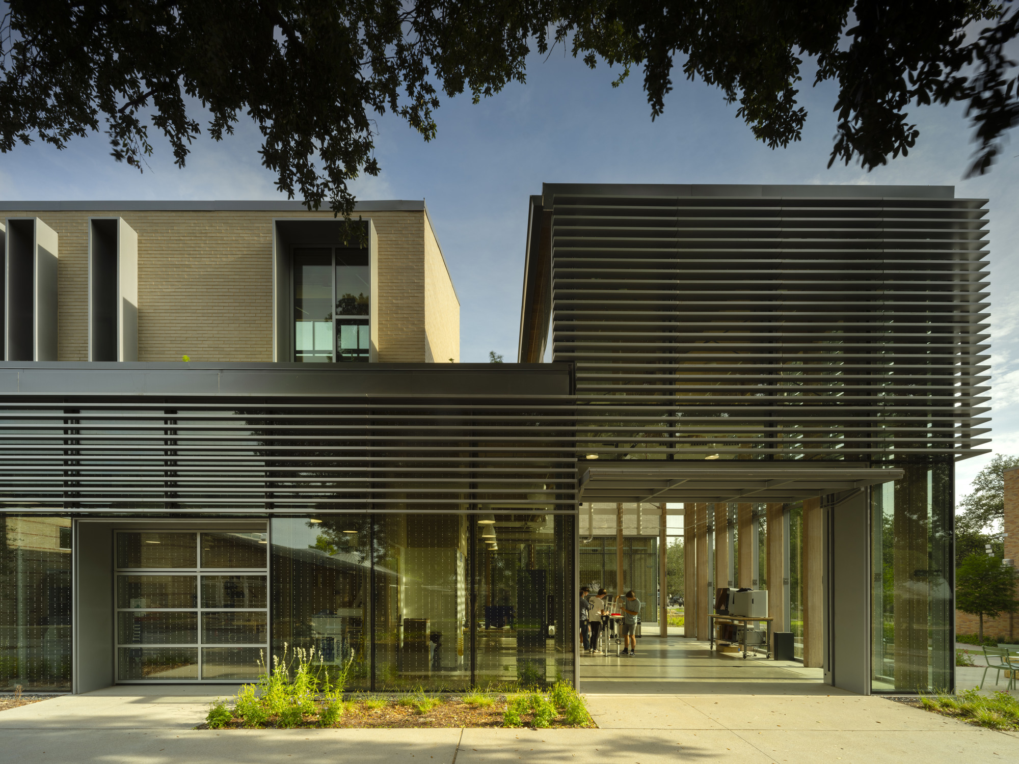 Entrance facade with horizontal bronze louvers and planted bed beneath overhanging tree branches at dusk