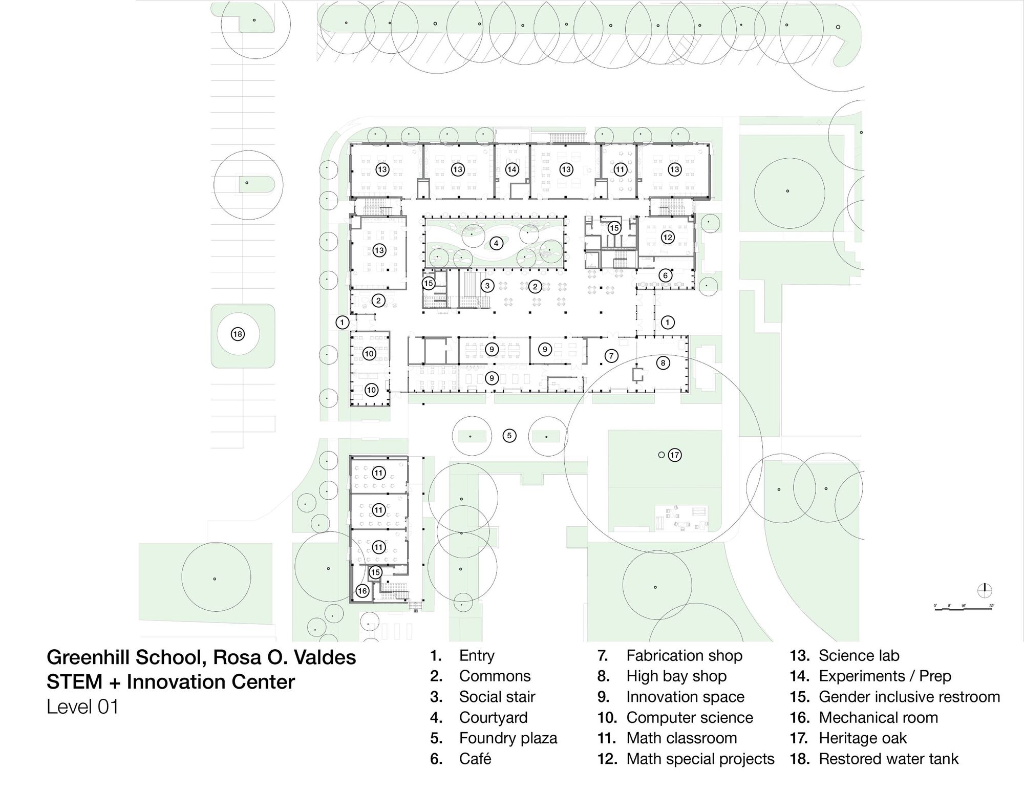 Ground floor plan drawing showing classrooms surrounding a central courtyard with tree canopy outlines