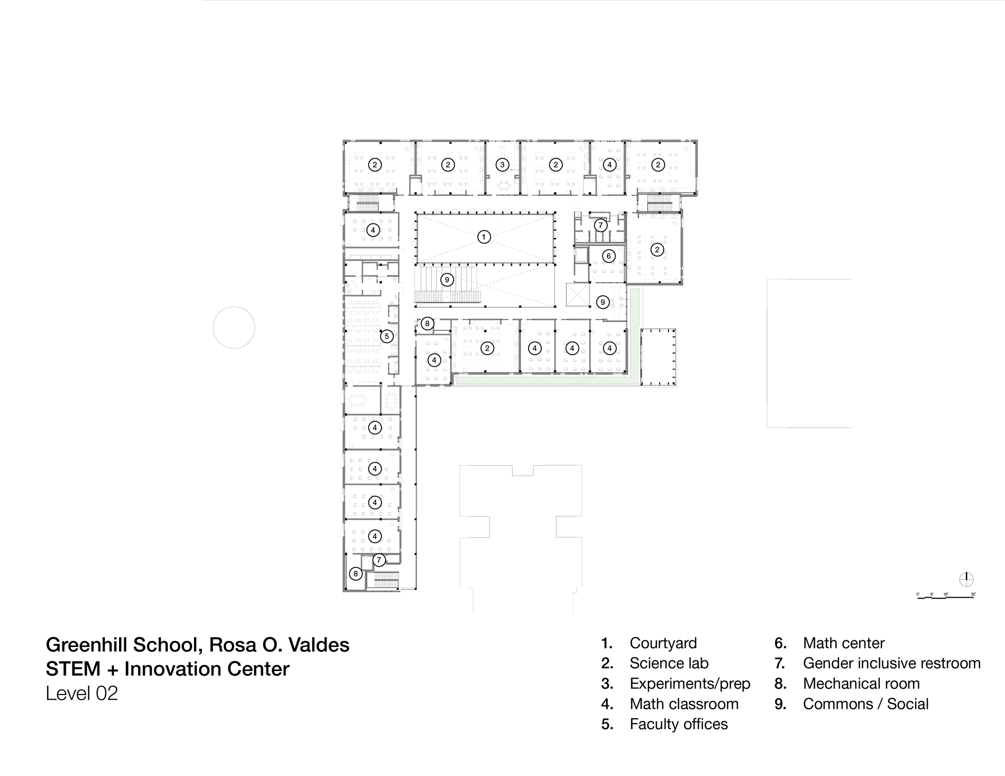 Second level floor plan drawing showing science labs and classrooms arranged around an interior courtyard
