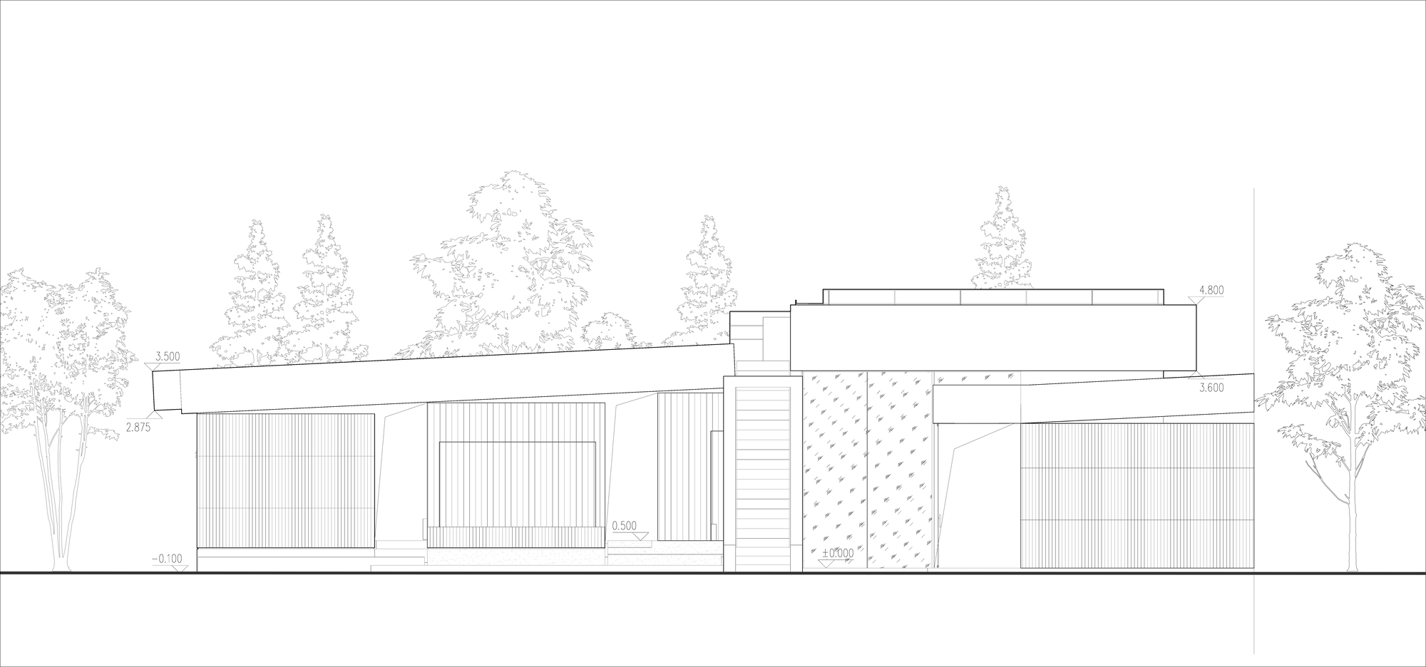 Elevation drawing illustrating low-rise volumes with vertical cladding and a raised parapet element among trees