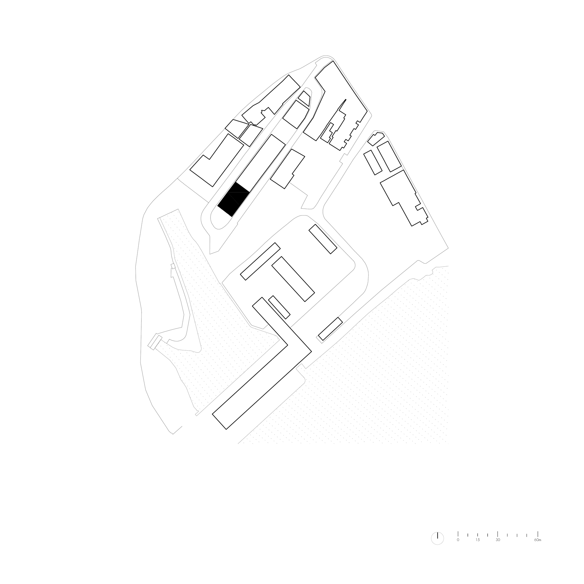 Site plan drawing showing surrounding buildings and a single highlighted volume at the center