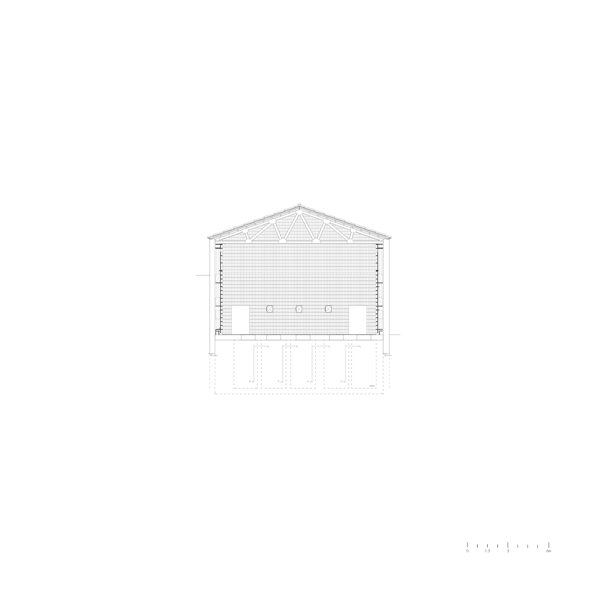 Section drawing showing the gabled roof structure with exposed trusses above a double-height space
