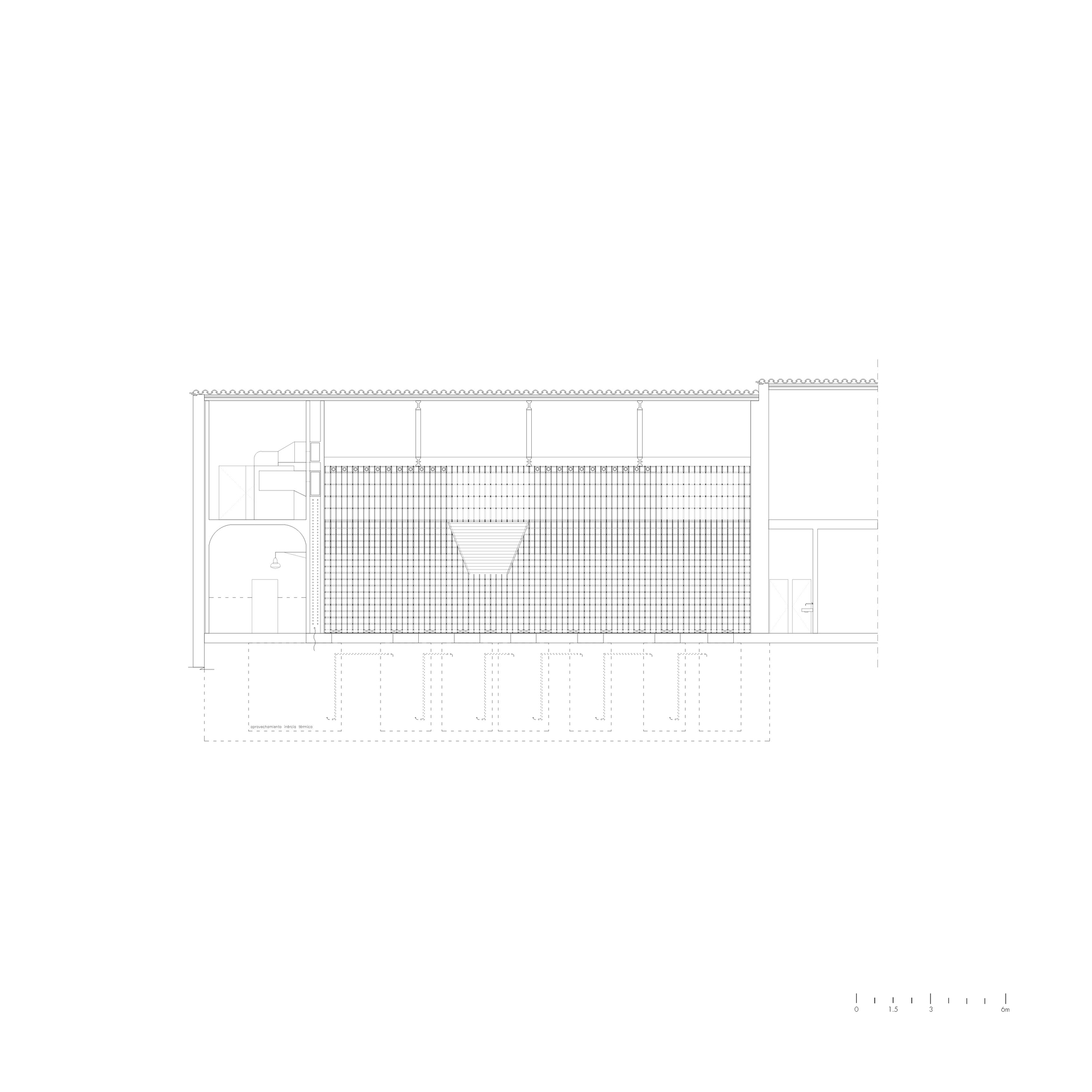 Section drawing revealing interior volumes beneath a low-pitched roof with gridded ceiling below