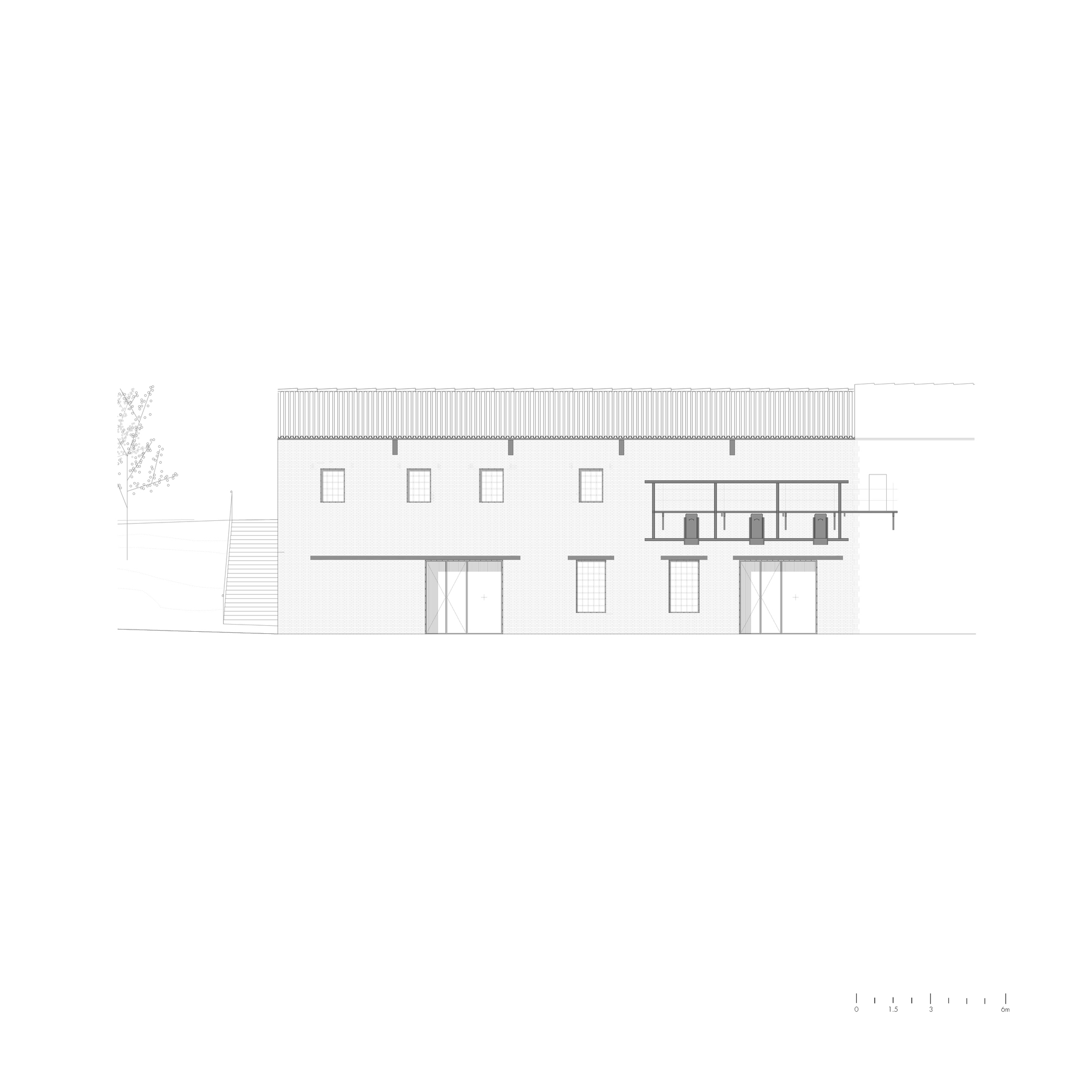 Elevation drawing of the facade with four square windows above and openings at ground level