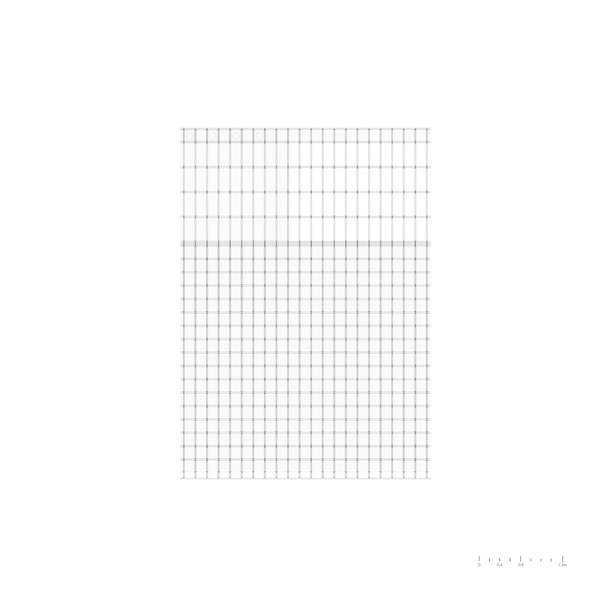 Elevation drawing showing a gridded facade with vertical and horizontal structural members