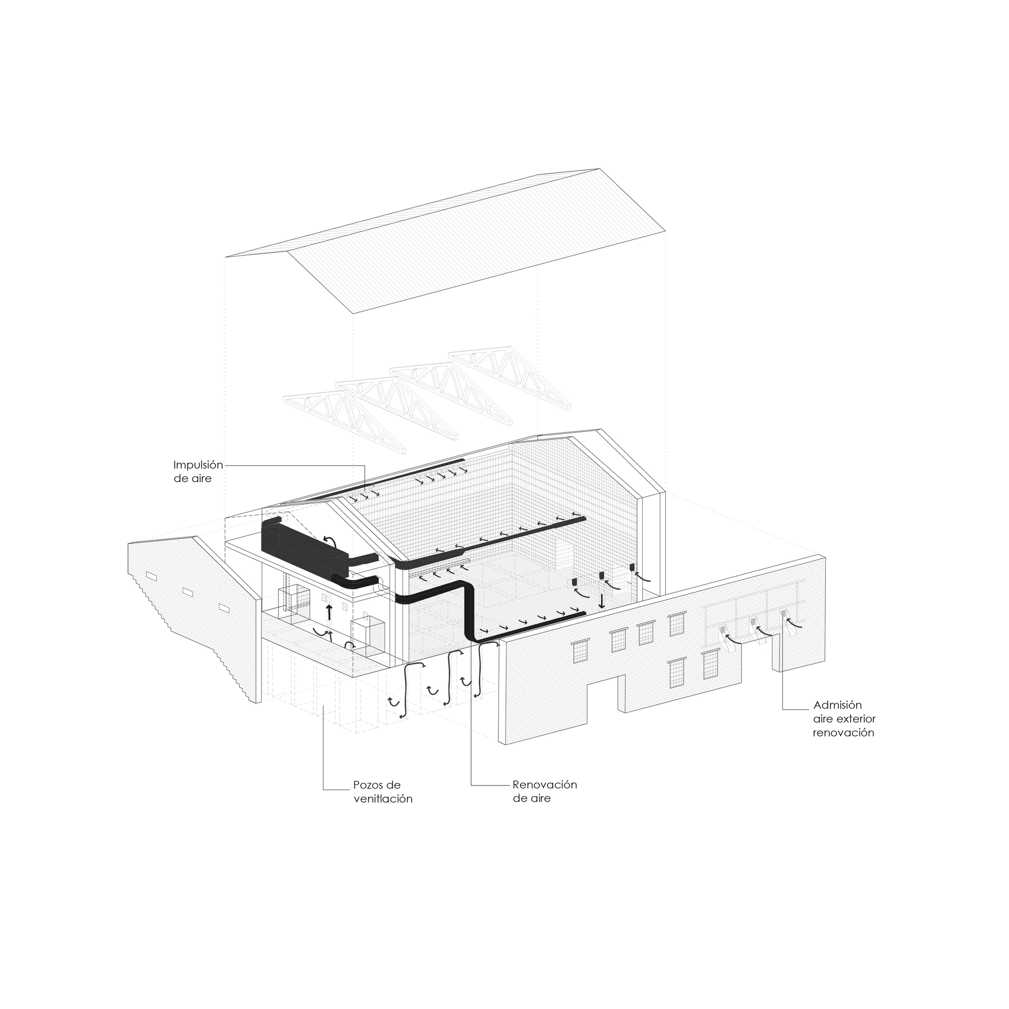 Exploded axonometric drawing revealing the roof, truss structure, interior volume, and exterior walls