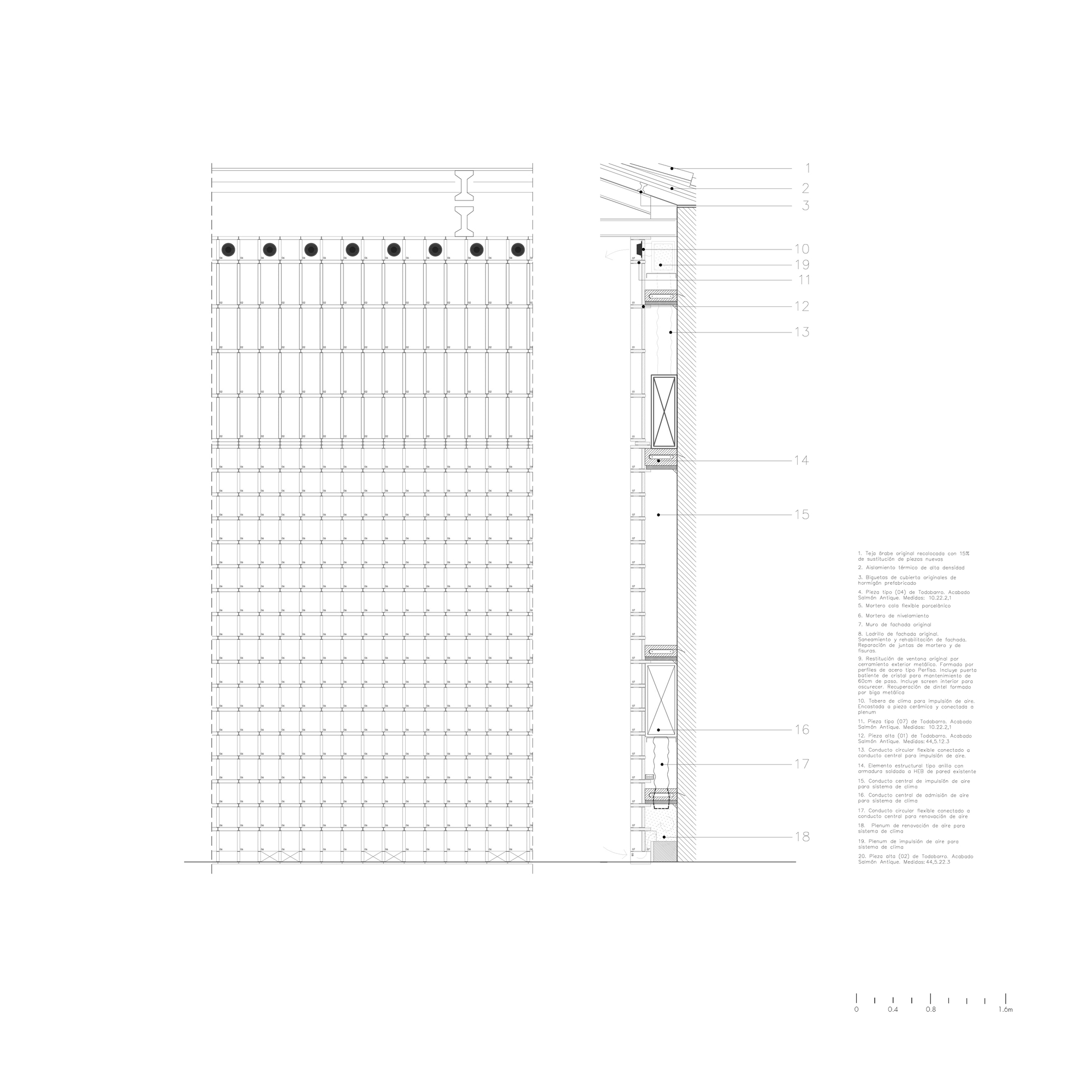 Facade elevation and detail section showing the layered assembly of the gridded screen wall