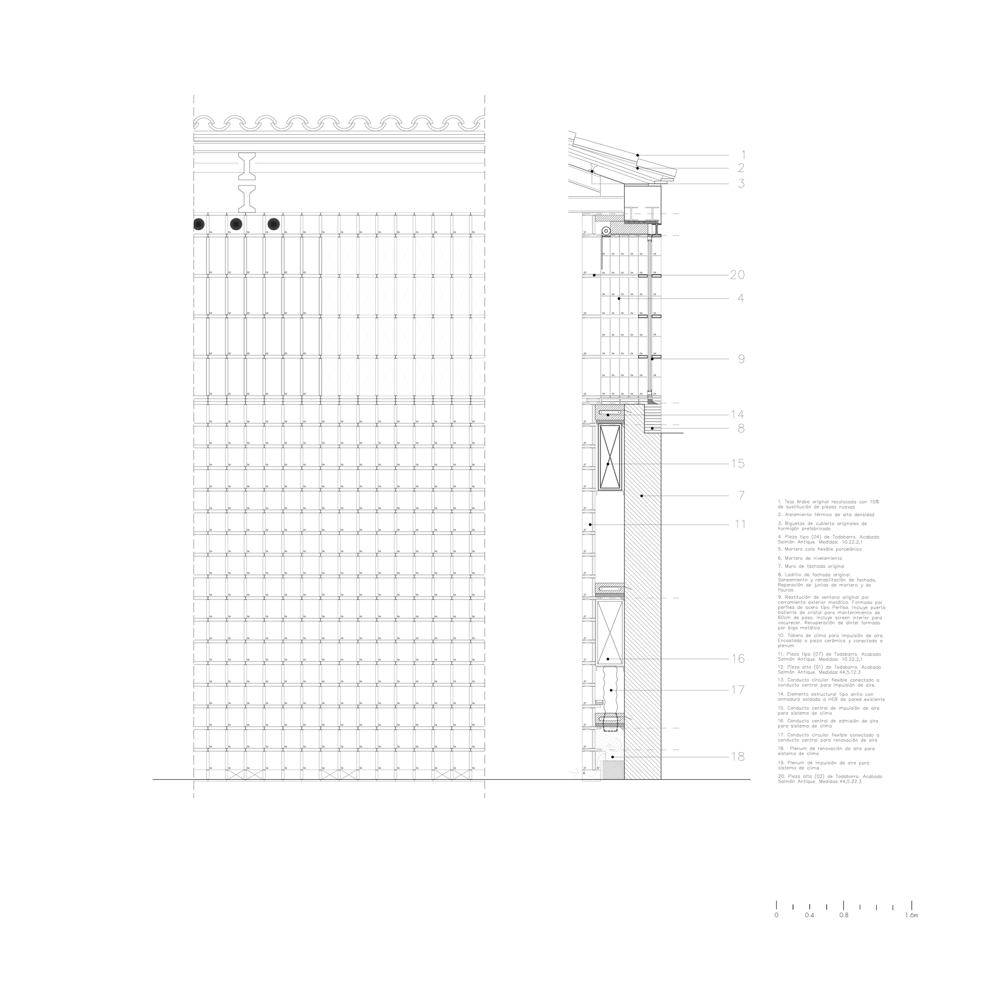 Facade elevation with scalloped parapet and vertical section detail showing window and wall assembly