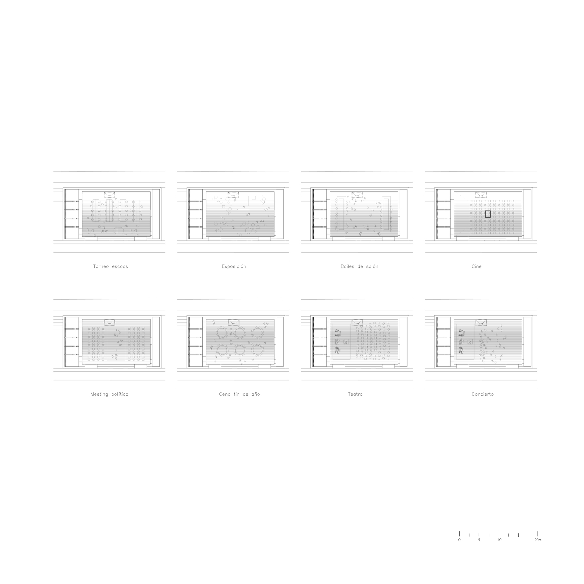 Floor plan variations showing eight different interior configurations with furniture layouts