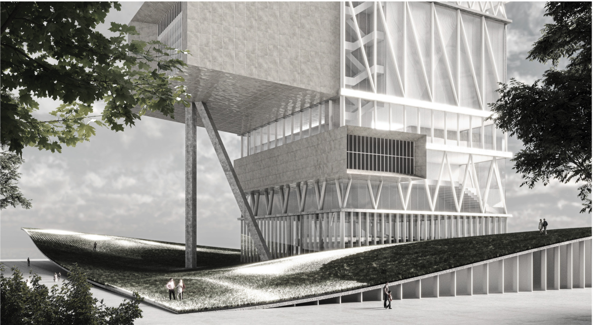 Vertical opera house emerging from a sculpted public landscape, framing Tallinn’s waterfront.