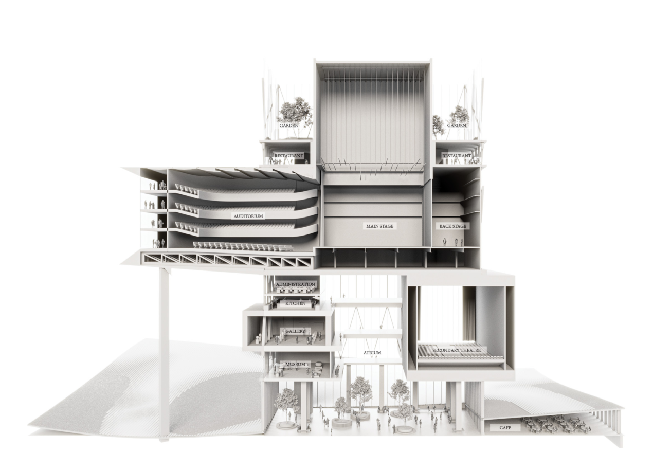 Stacked program reveals auditorium, public spaces, and vertical circulation within a compact footprint.