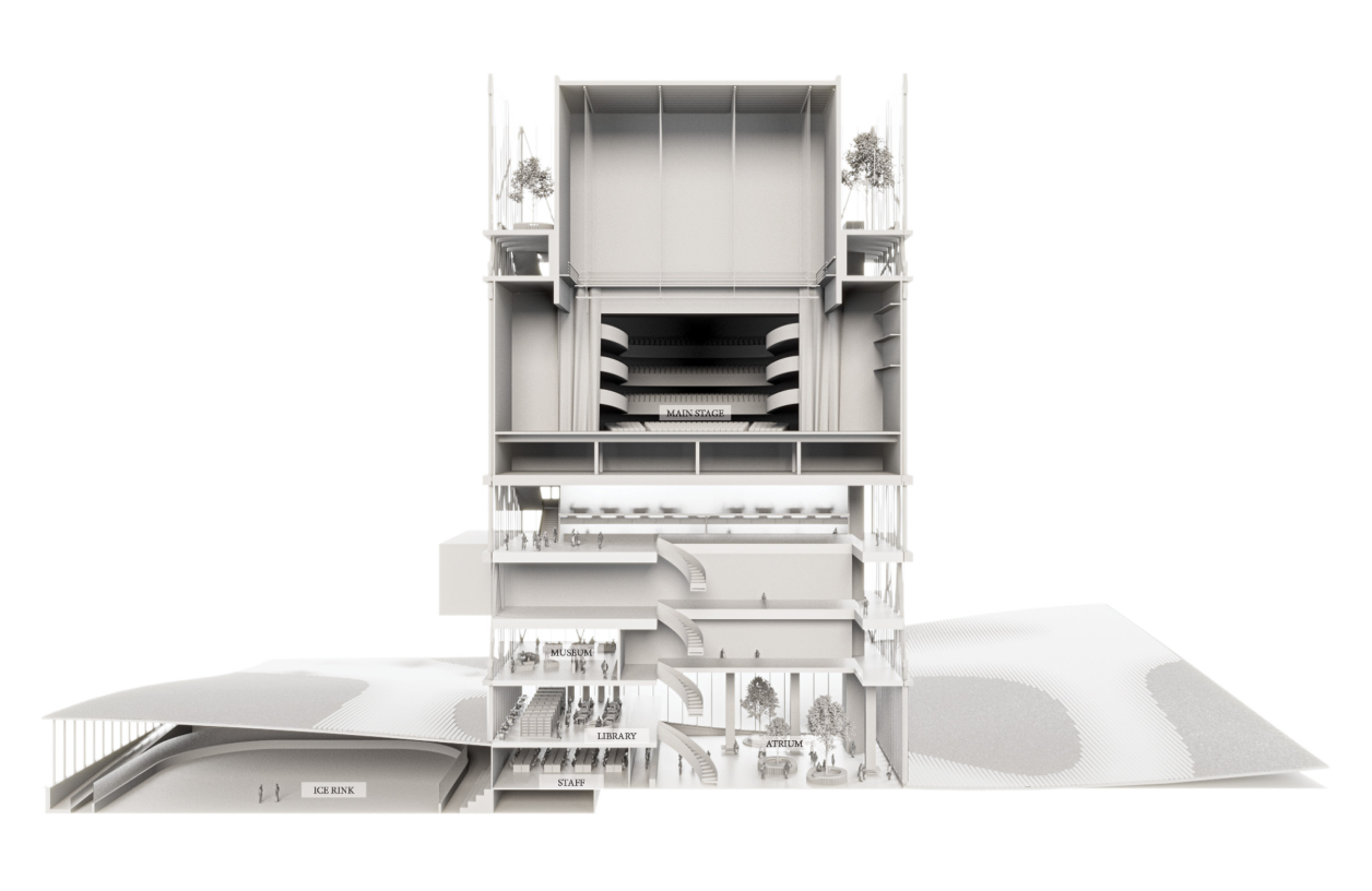Centralized vertical circulation connects cultural programs from public base to performance halls above.