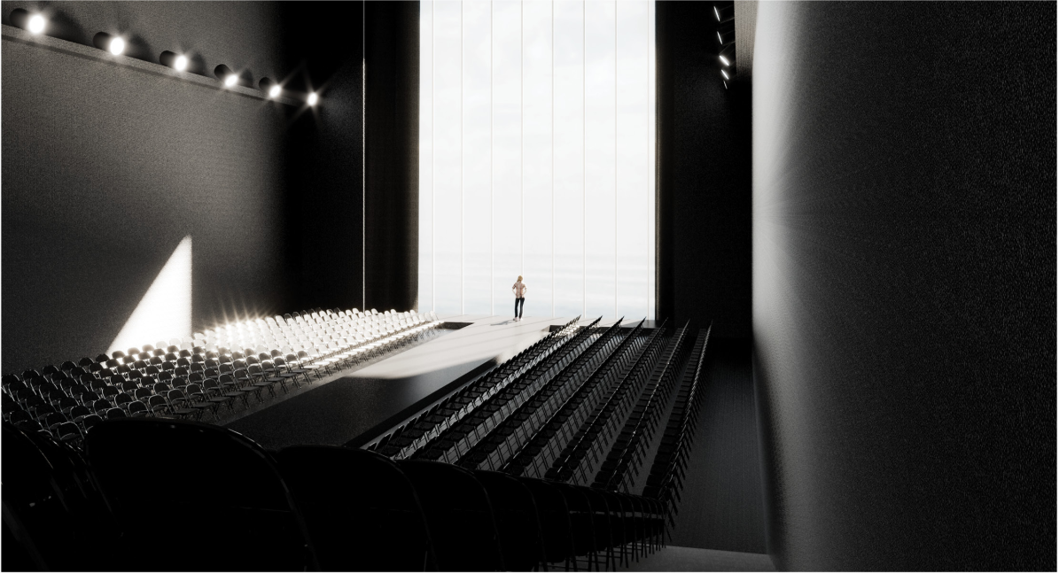 Dramatic auditorium space emphasizing intimacy, acoustics, and focused stage experience.