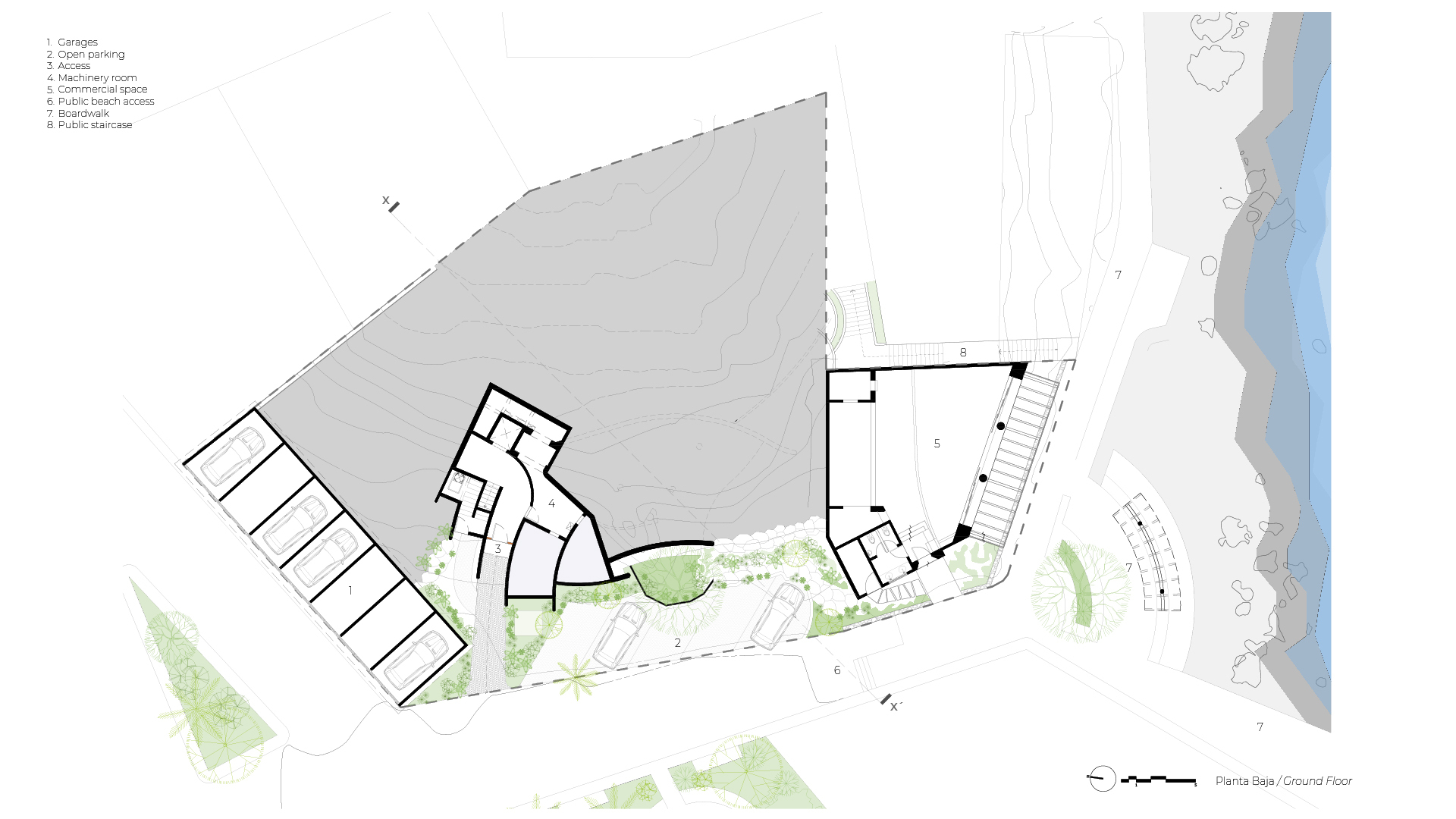 Ground floor plan drawing showing garage layout and curved tower footprint near the waterfront
