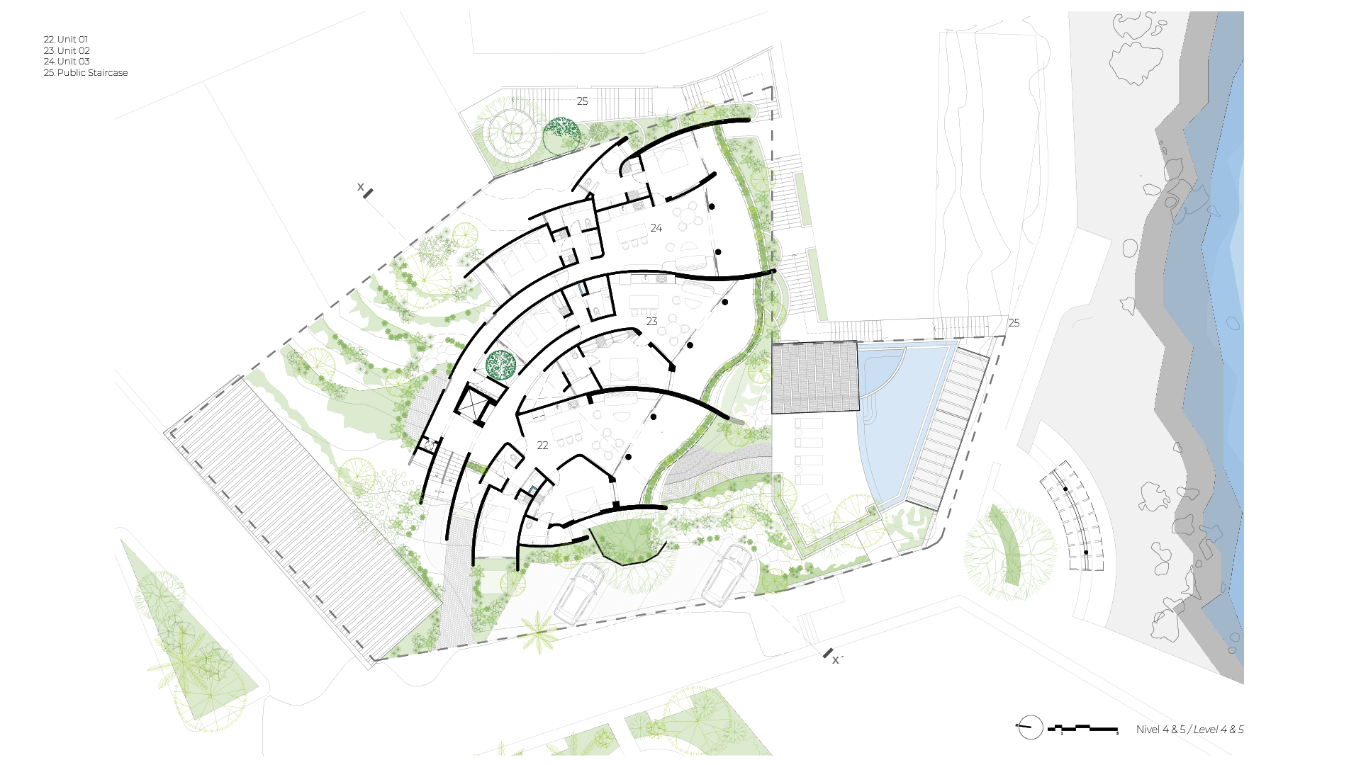 Site plan drawing showing the curved building with planted roof levels and waterfront edge to the east