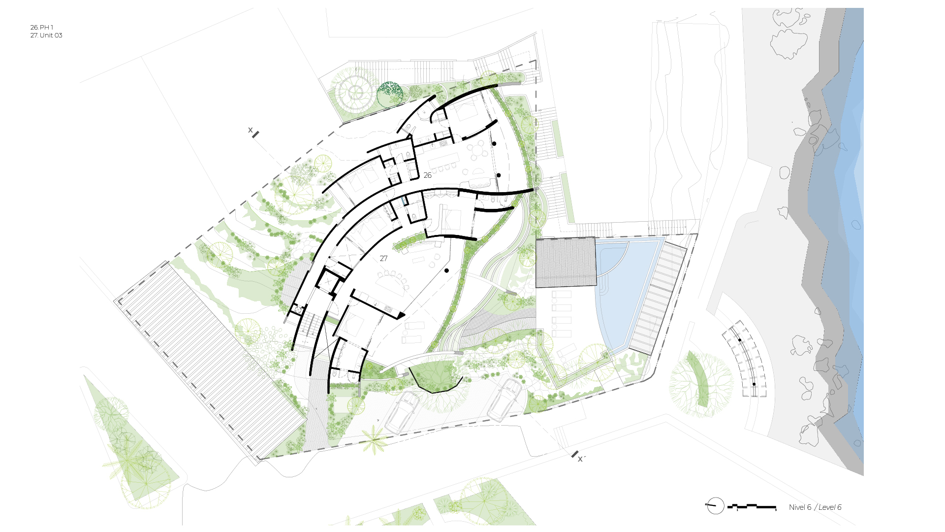 Site plan drawing showing the tiered arc-shaped building with interior courtyards and green pathways