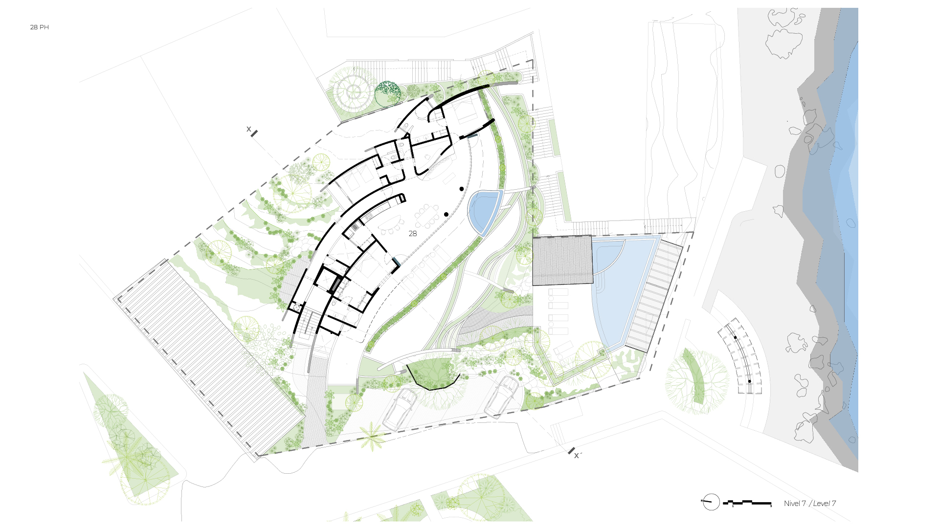 Site plan drawing showing the curved structure with central water feature and terraced landscape zones