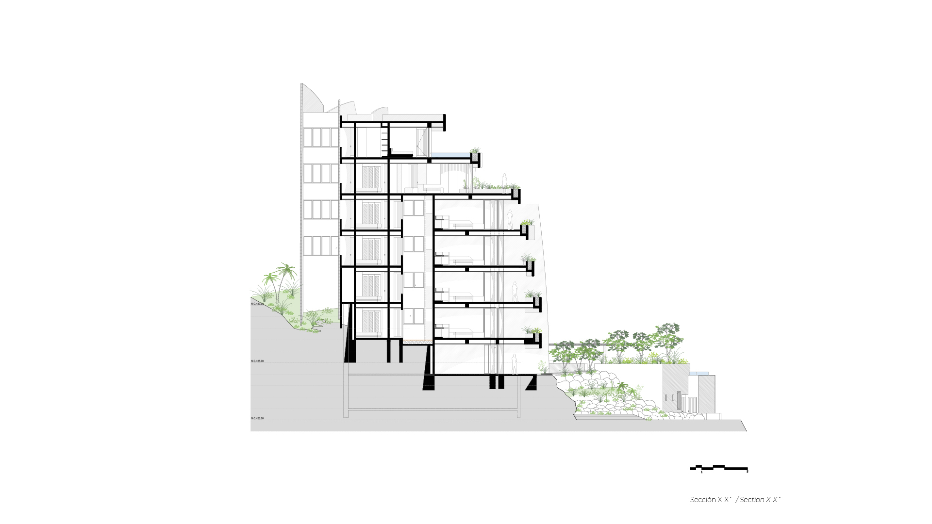Section drawing showing the stepped six-story building with landscaped terraces and columns on sloped terrain