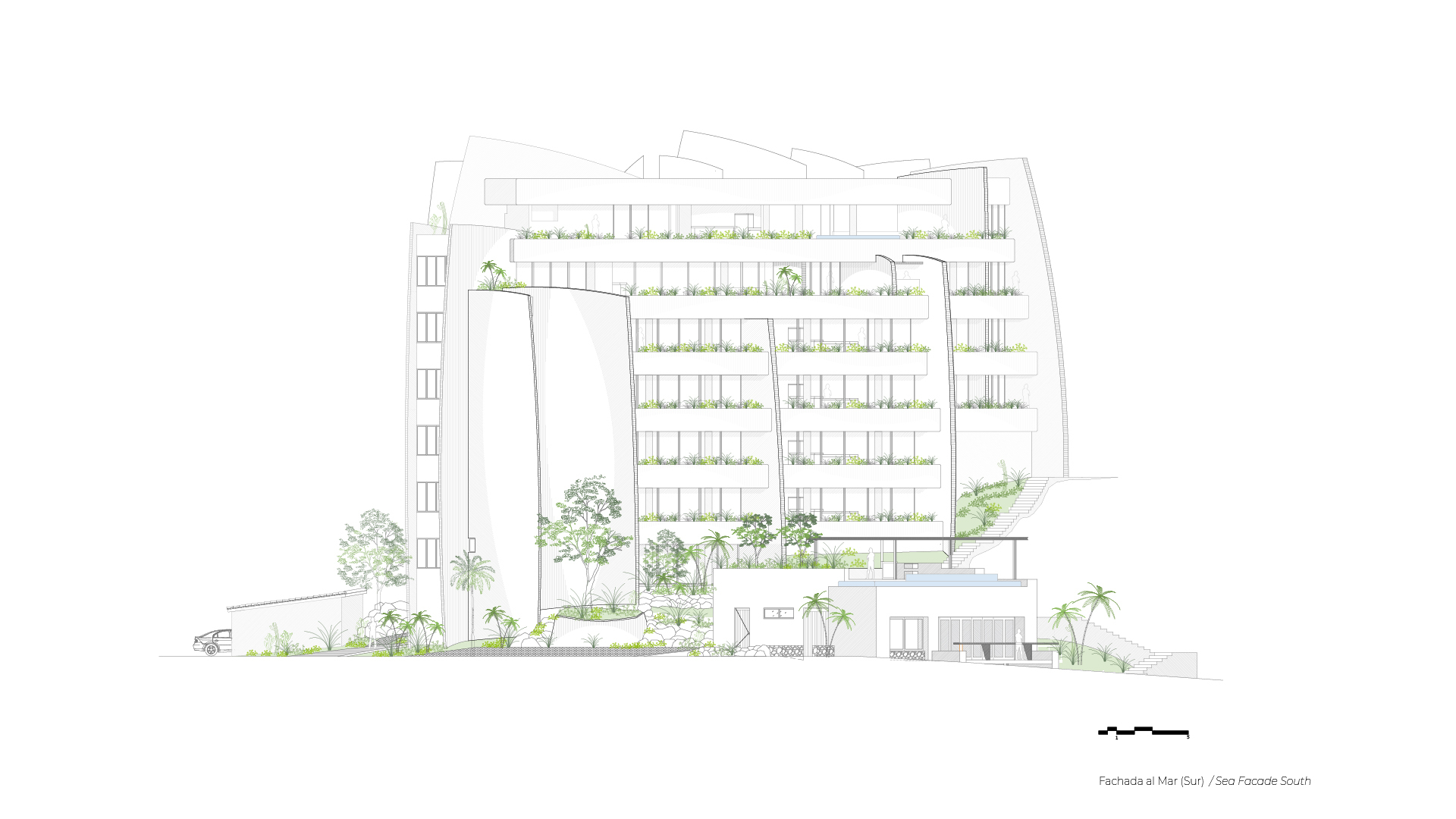 Elevation drawing showing the multi-level facade with planted balconies and trees at ground level