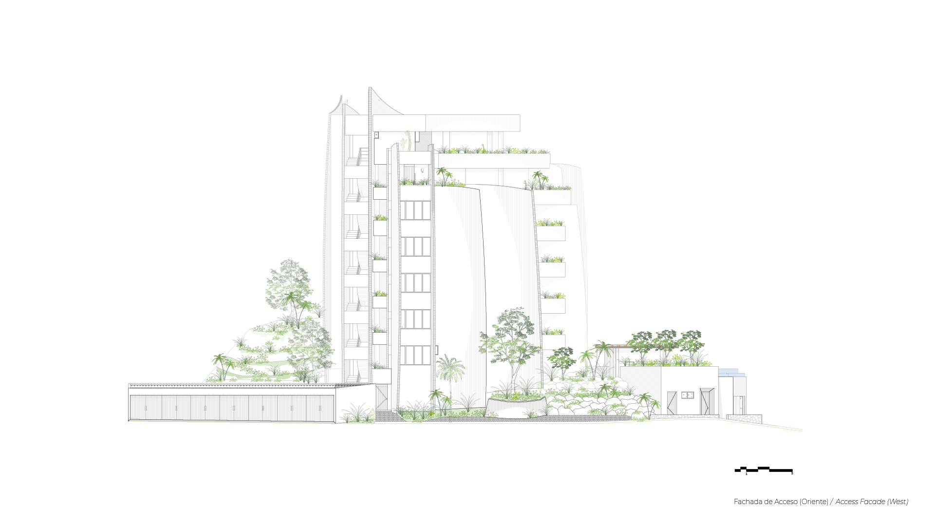 Elevation drawing showing a tower with planted terraces and surrounding trees on level ground