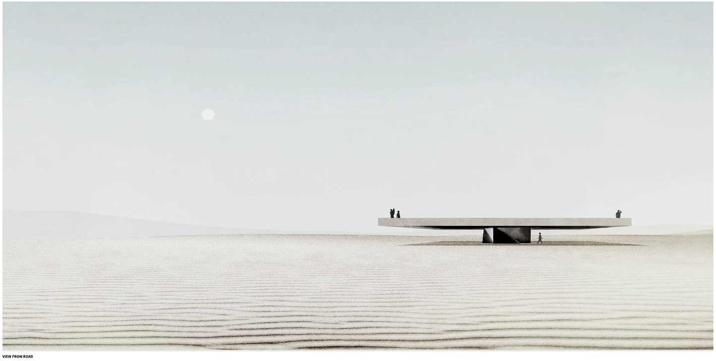 A minimal concrete platform emerges from the desert, framing time, stillness, and climate change.