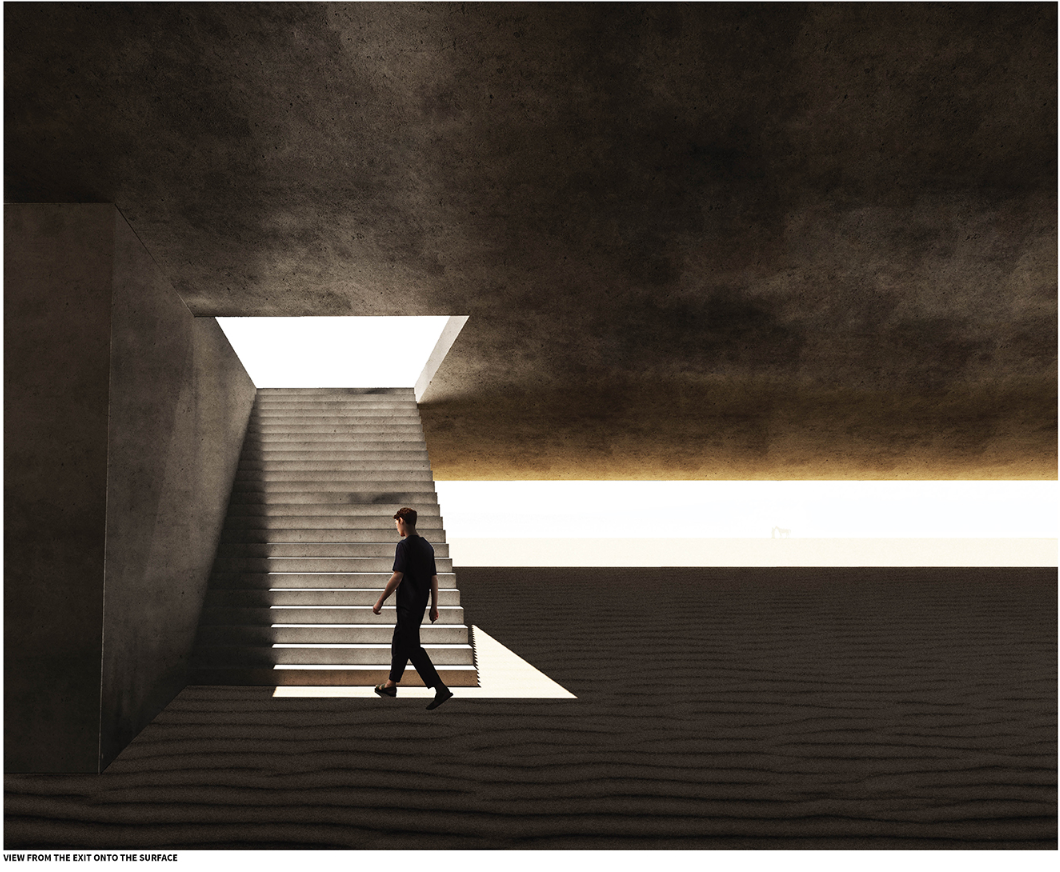 Subterranean entry sequence contrasts light and shadow, guiding visitors from introspection to horizon.