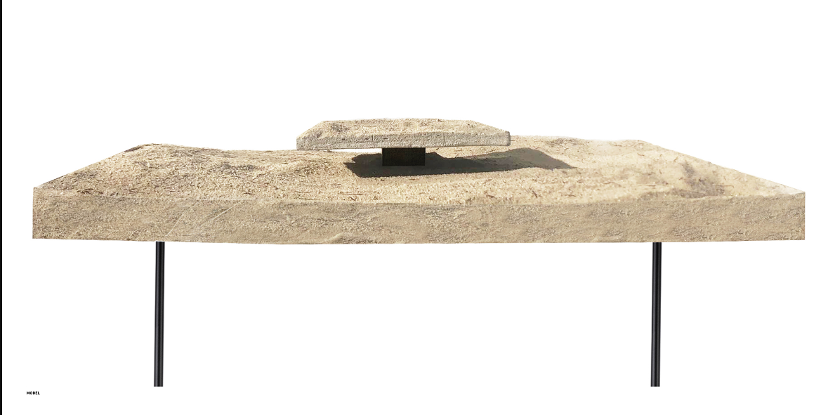 Physical model illustrating the monument as a framed fragment of earth suspended in transition.