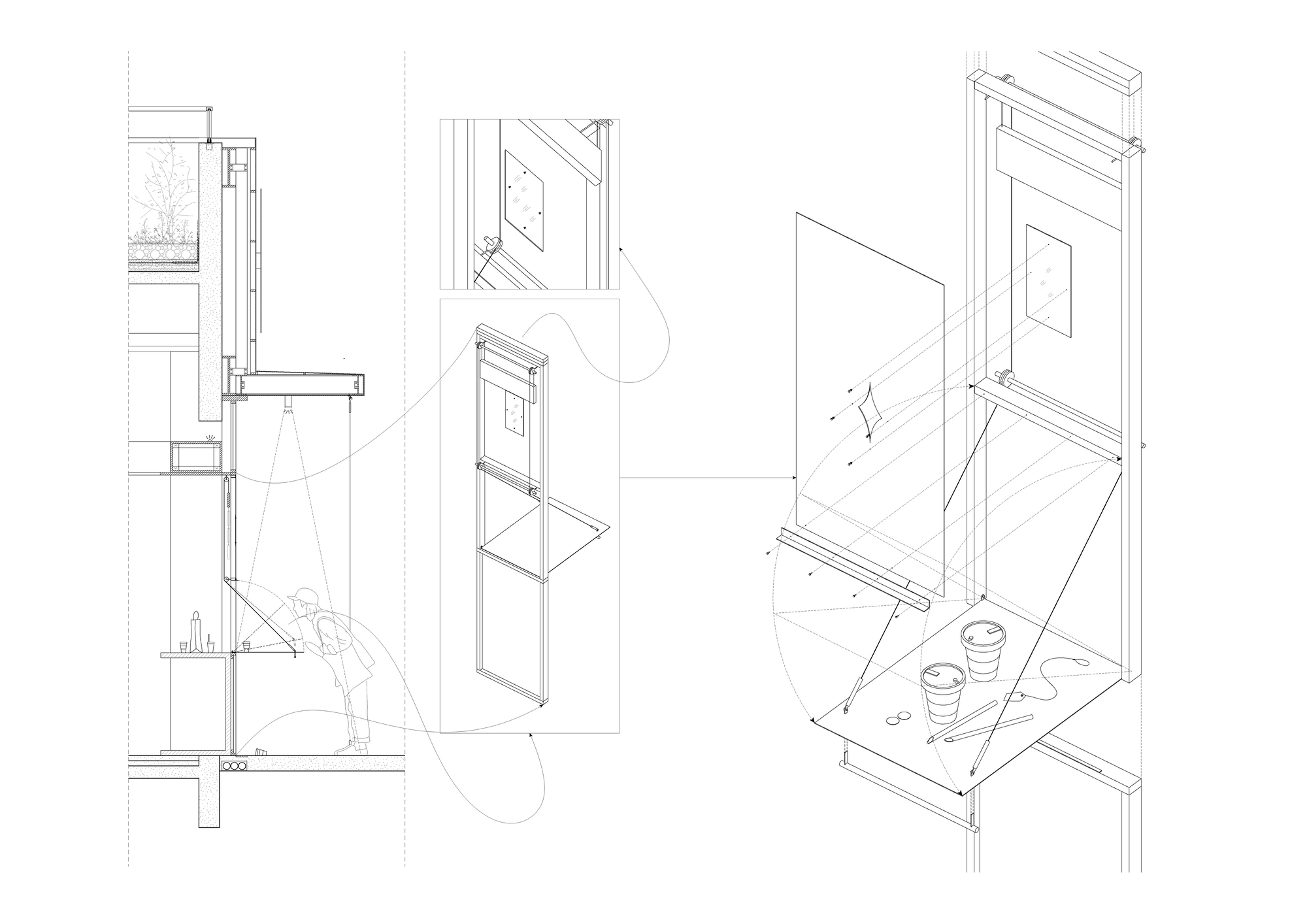 Axonometric detail drawings of facade assembly showing window modules and structural connections