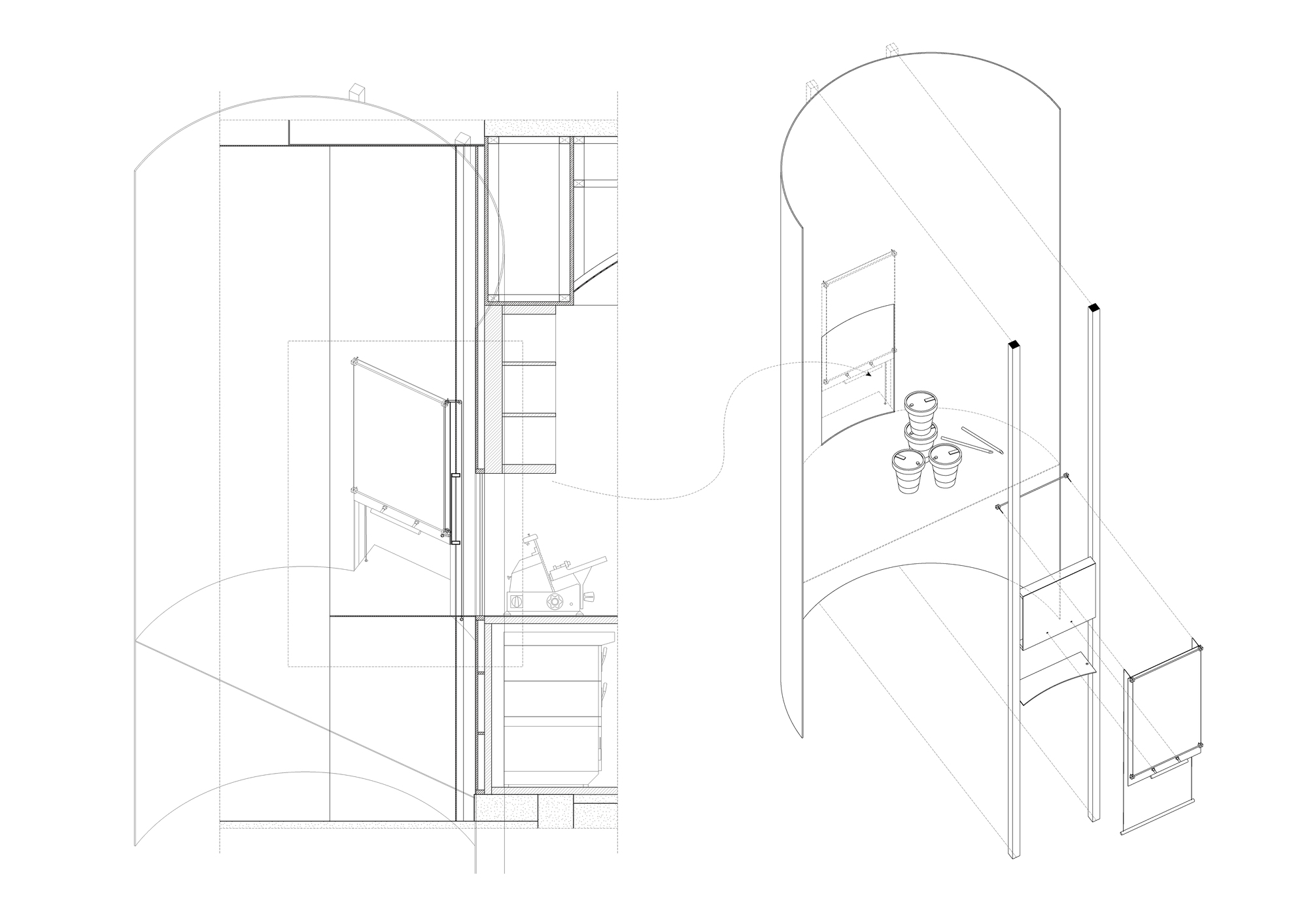Section and axonometric drawings depicting vertical circulation and arched interior volumes