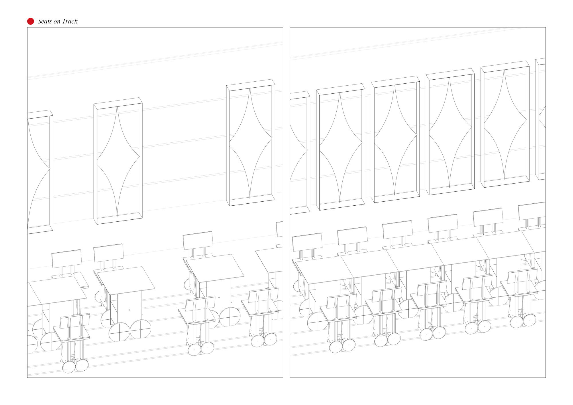Section drawing showing seats on track with rolling chairs below diamond-patterned windows