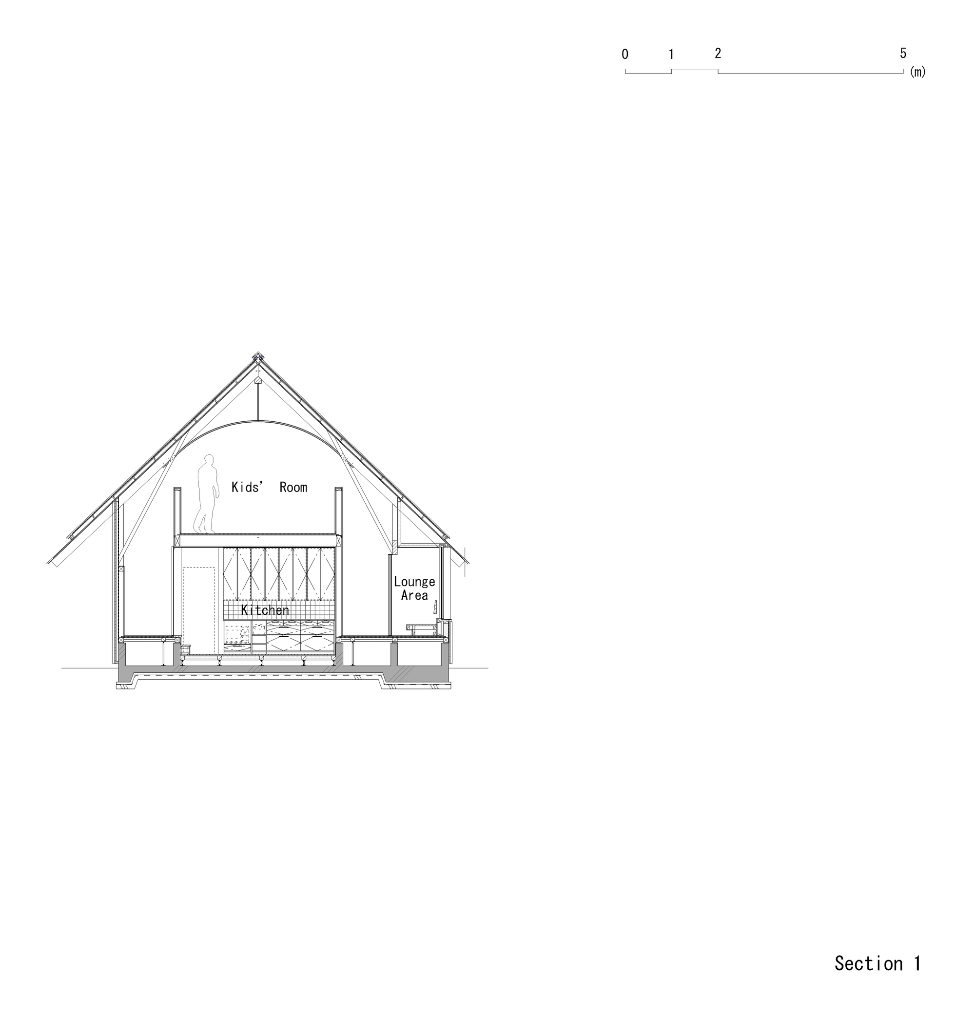 Section drawing revealing the pitched roof structure over a double-height kids' room and kitchen