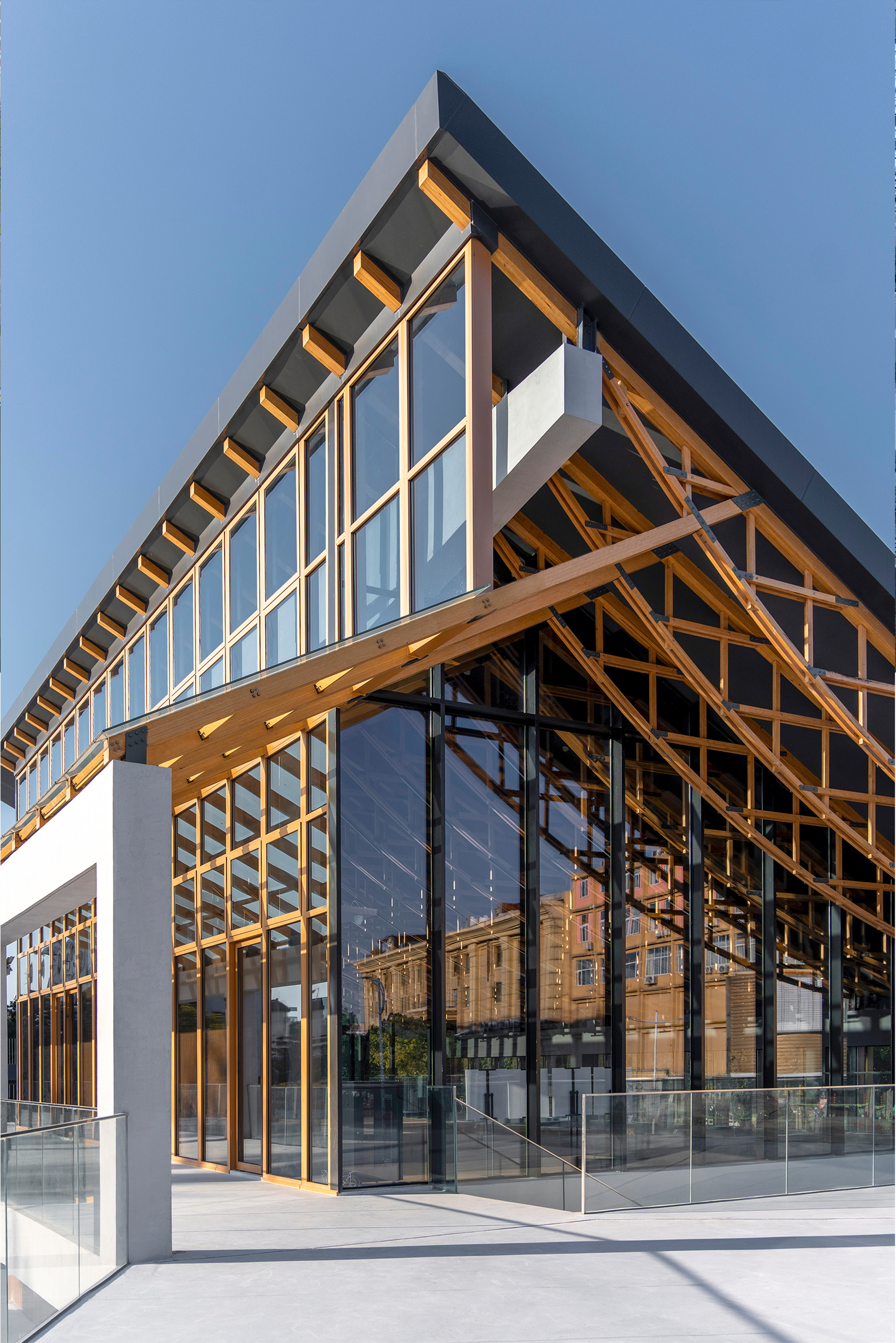 Corner detail of the timber truss structure meeting the glazed curtain wall