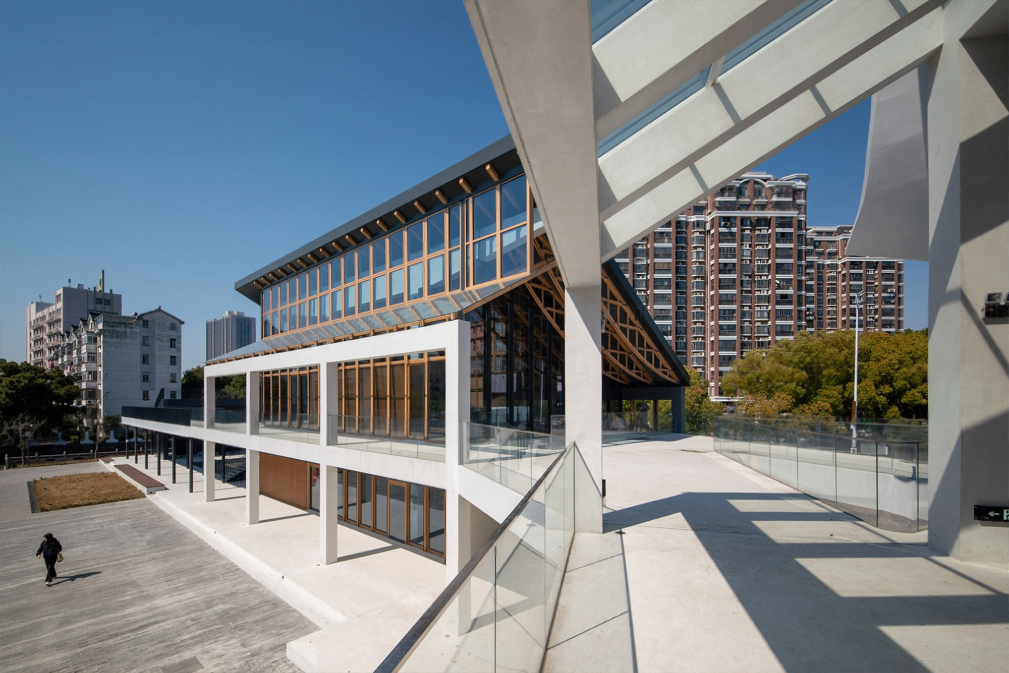 View from the rooftop terrace showing the timber pavilion and glass balustrade in morning sun