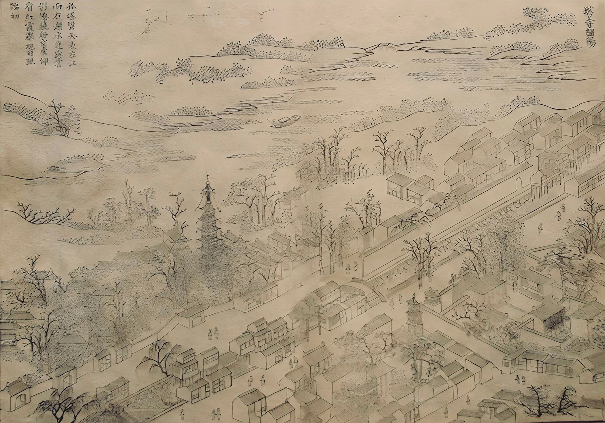 Ink drawing depicting a hillside temple complex with pagoda tower among bare trees and scattered buildings