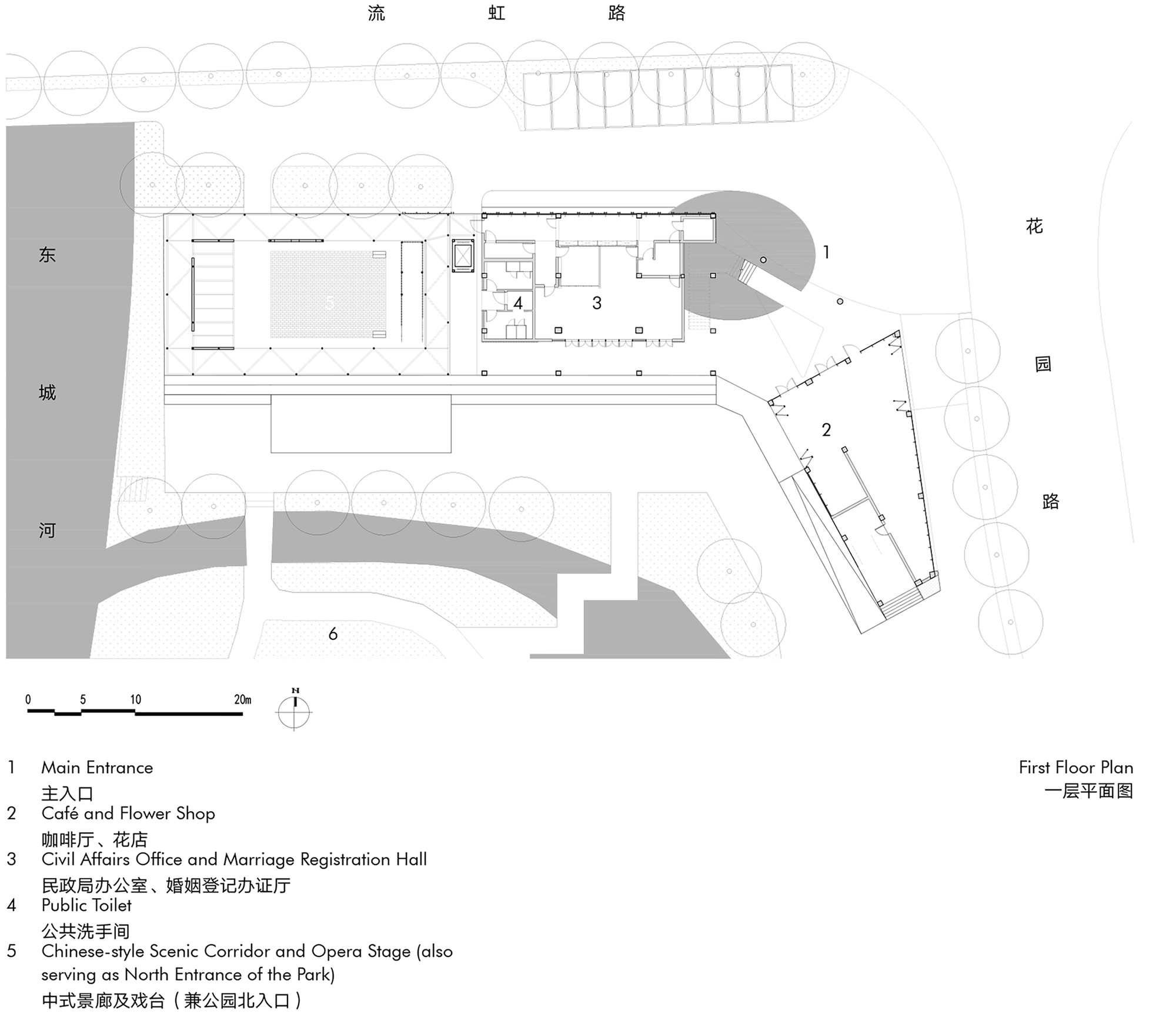 First floor plan drawing showing rectangular volumes and an angled wing adjacent to a river and street