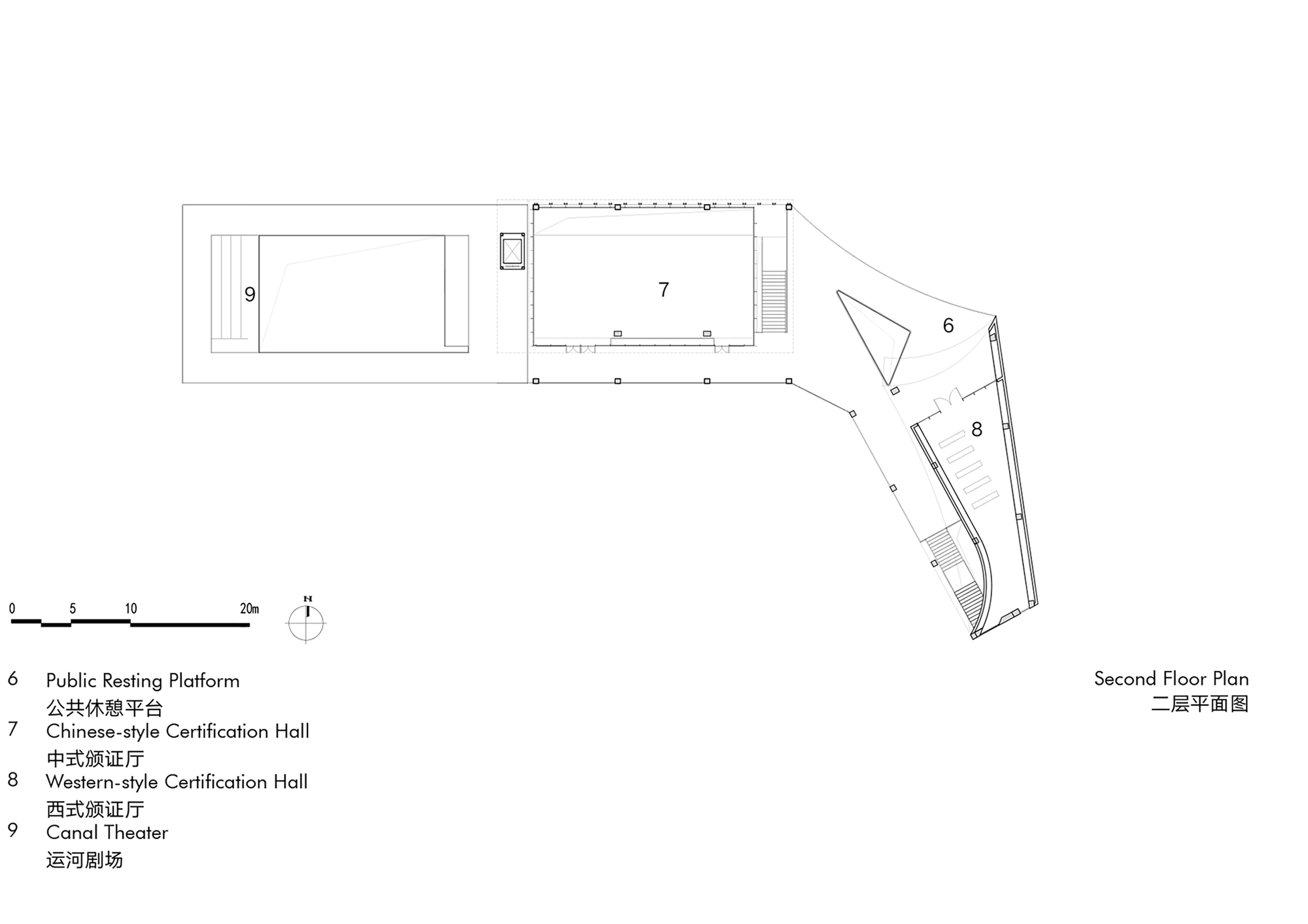 Second floor plan drawing showing a long rectangular hall and an angled triangular wing with labeled rooms