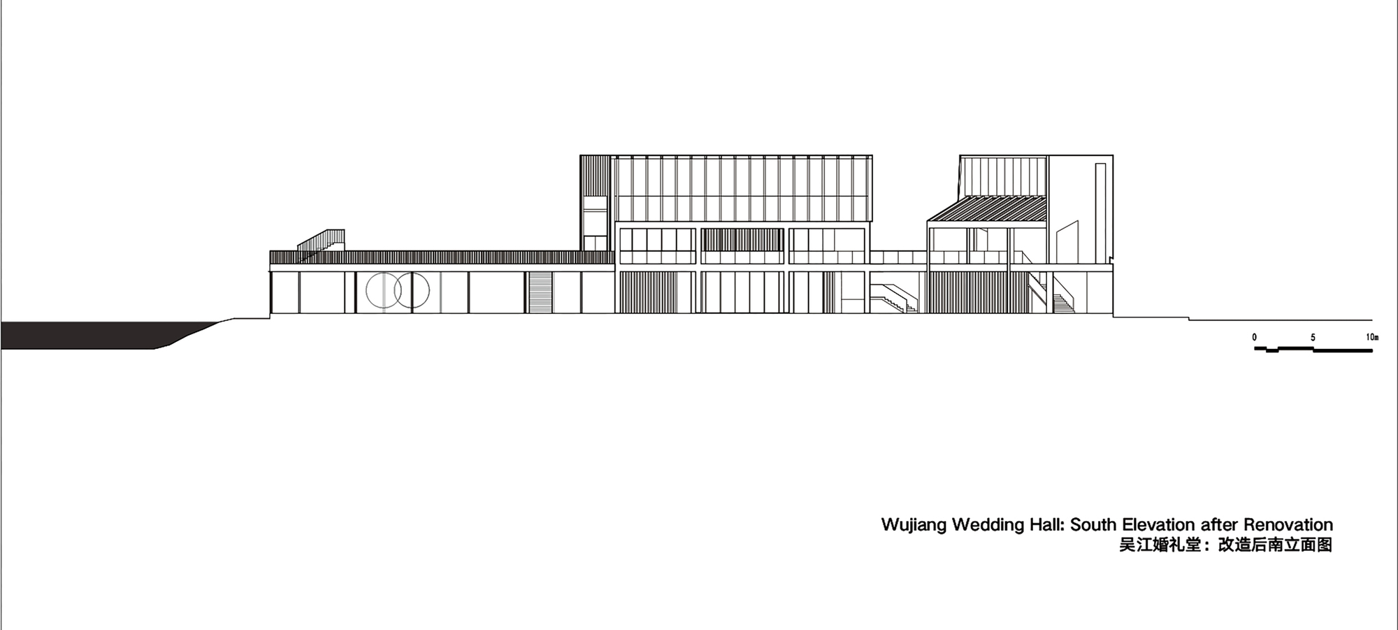 South elevation drawing showing terraced volumes with vertical screening elements and glazed openings