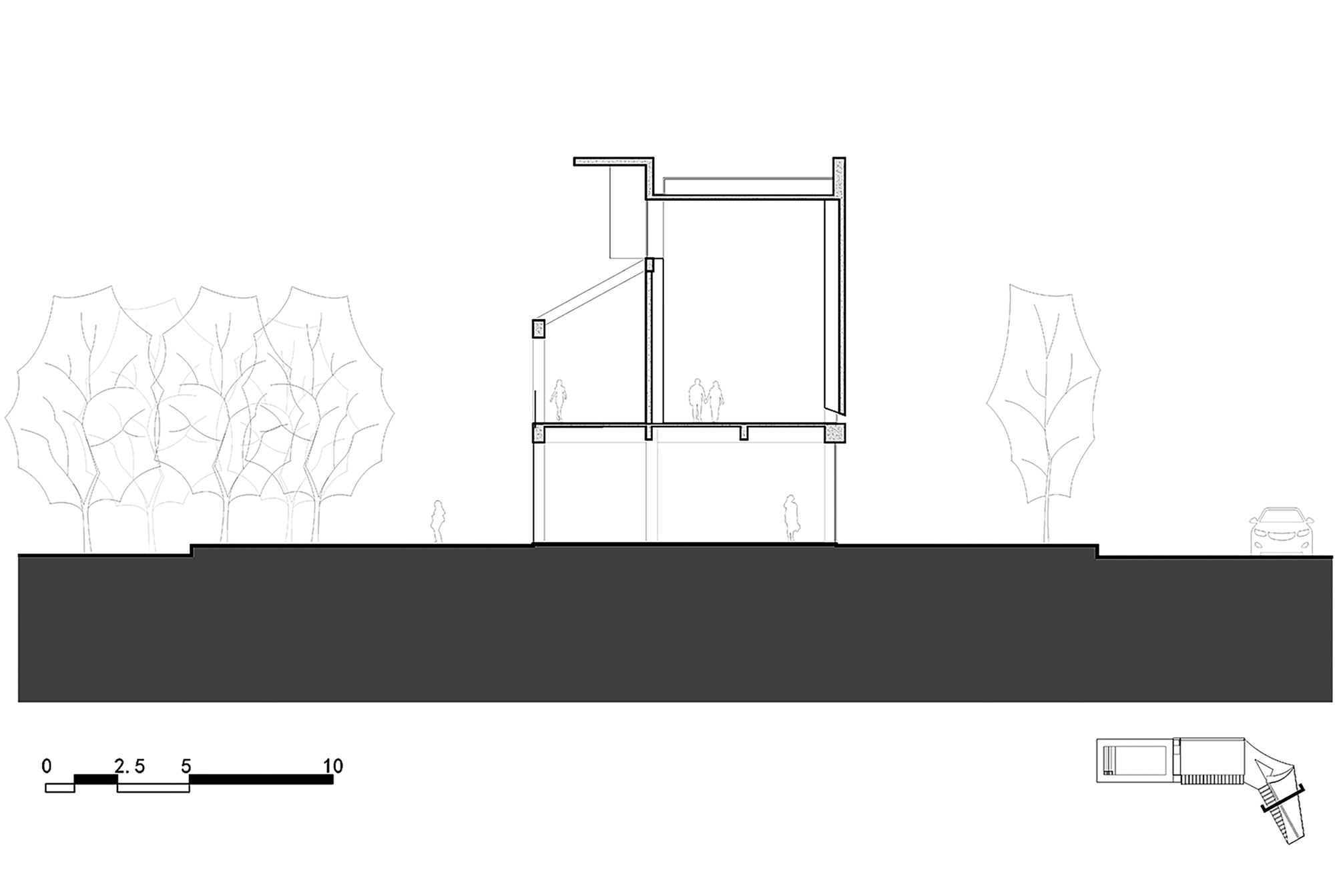 Section drawing revealing two-story volume with angled roof plane and trees on either side