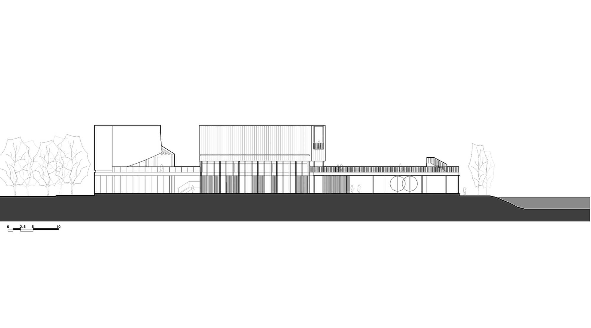 North elevation drawing showing horizontal composition of varied rectangular volumes with vertical louvers and trees