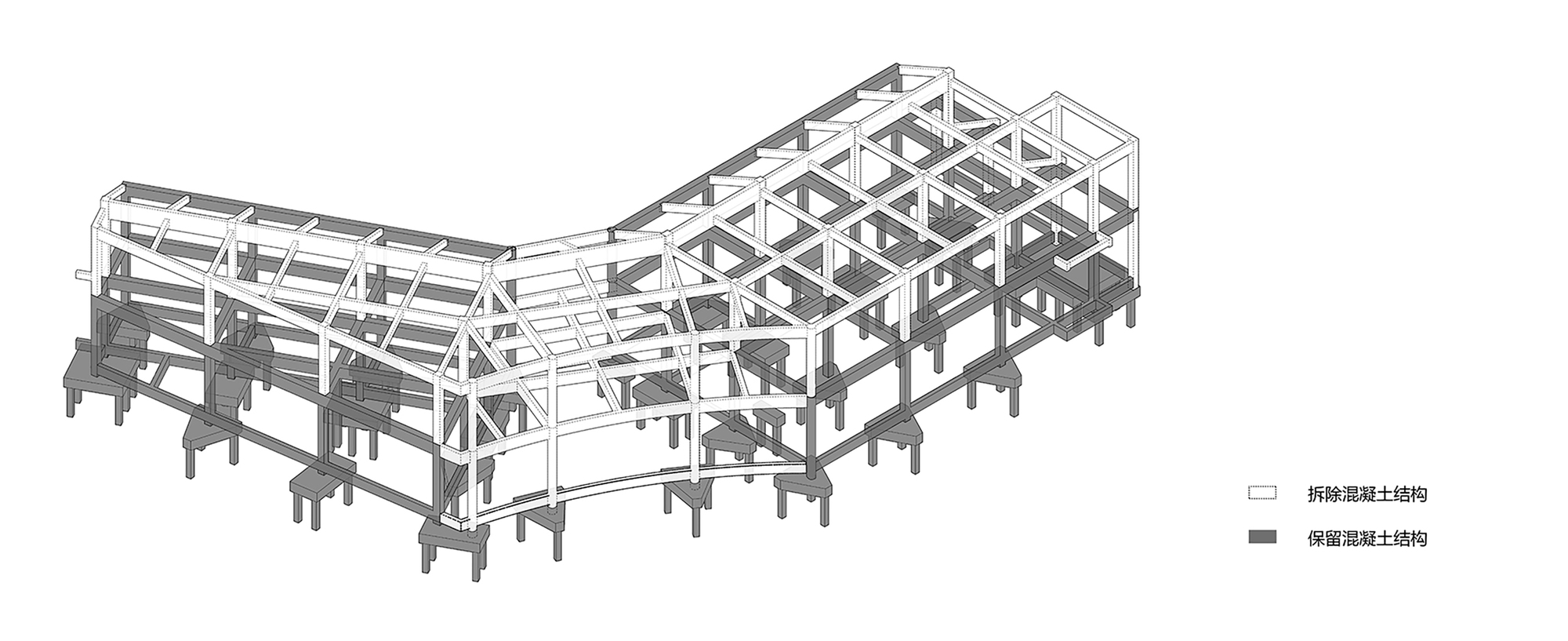 Axonometric drawing showing the timber frame structure with exposed columns, beams and roof trusses