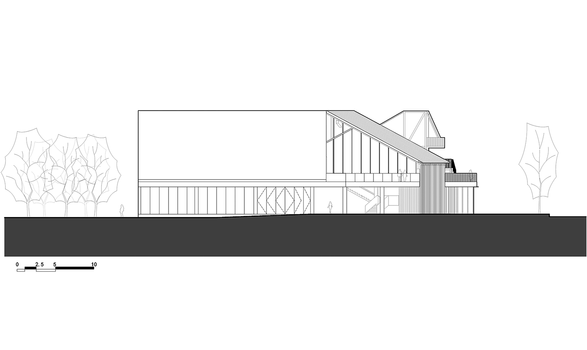 Section drawing showing the sloped roof structure above vertical slatted screens with trees flanking the building