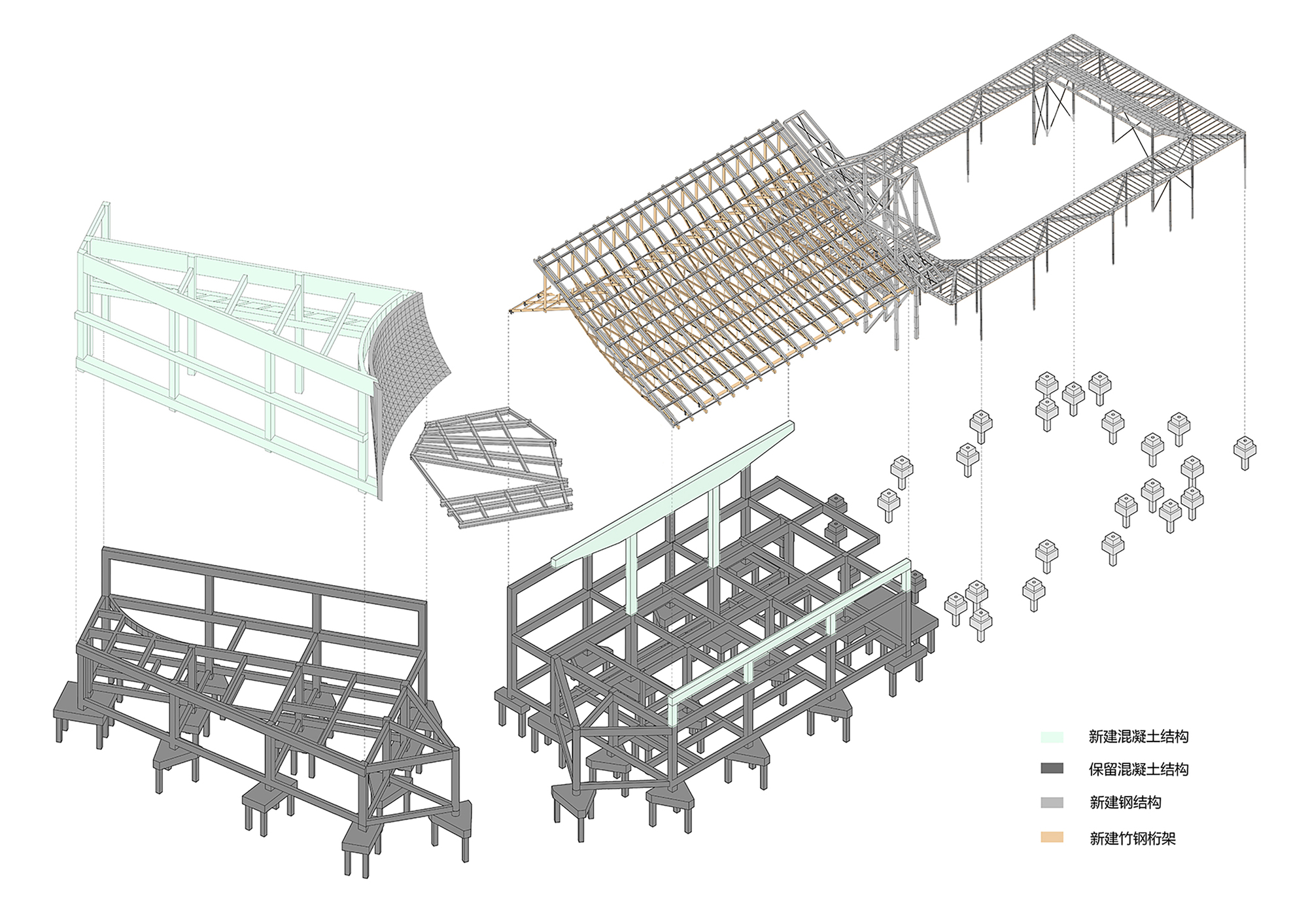 Exploded axonometric drawing illustrating the layered assembly of roof, glazing, structure and landscape elements